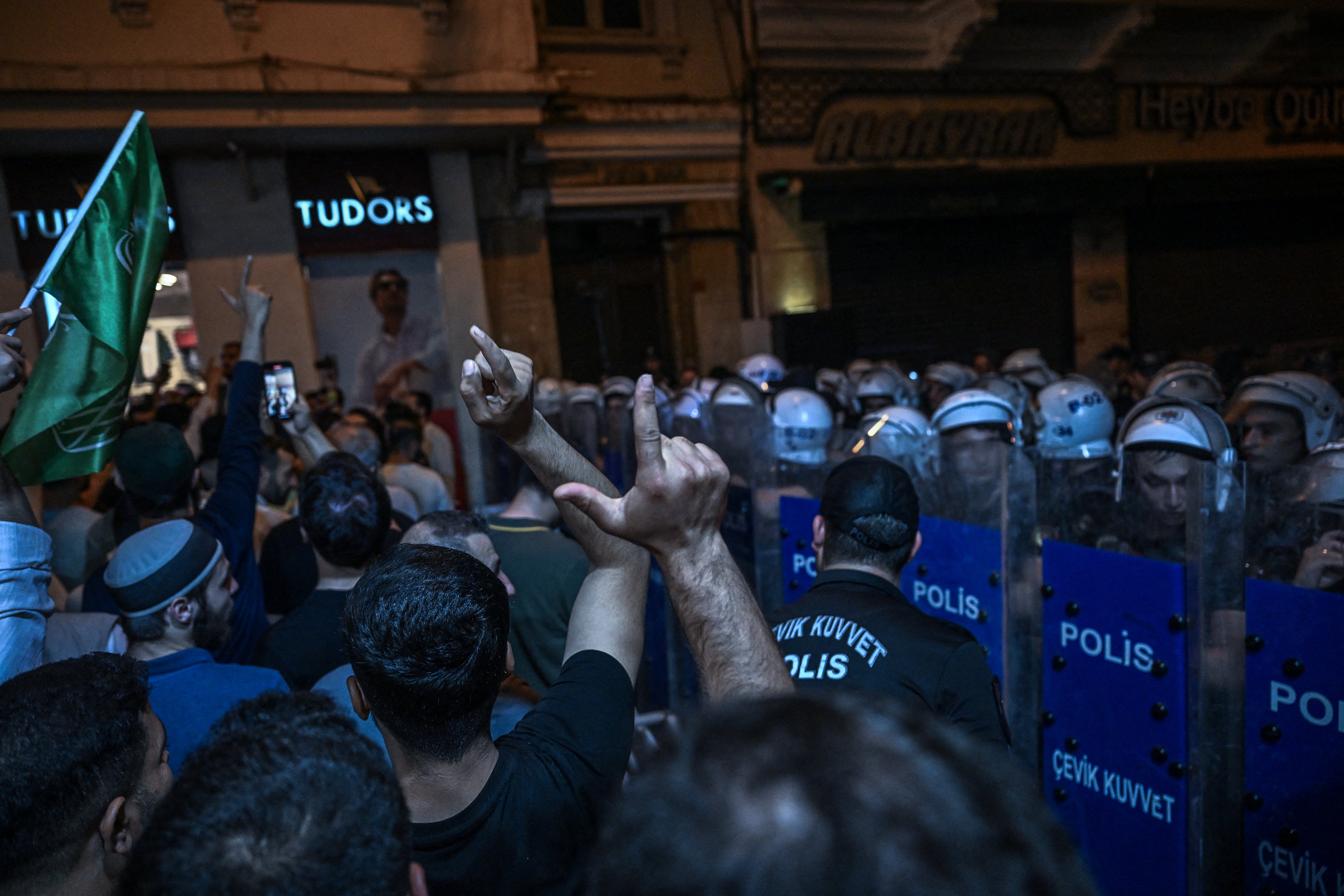 Islamist protesters shout slogans as they gather near LeMan magazine in Istanbul on 30 June 2025