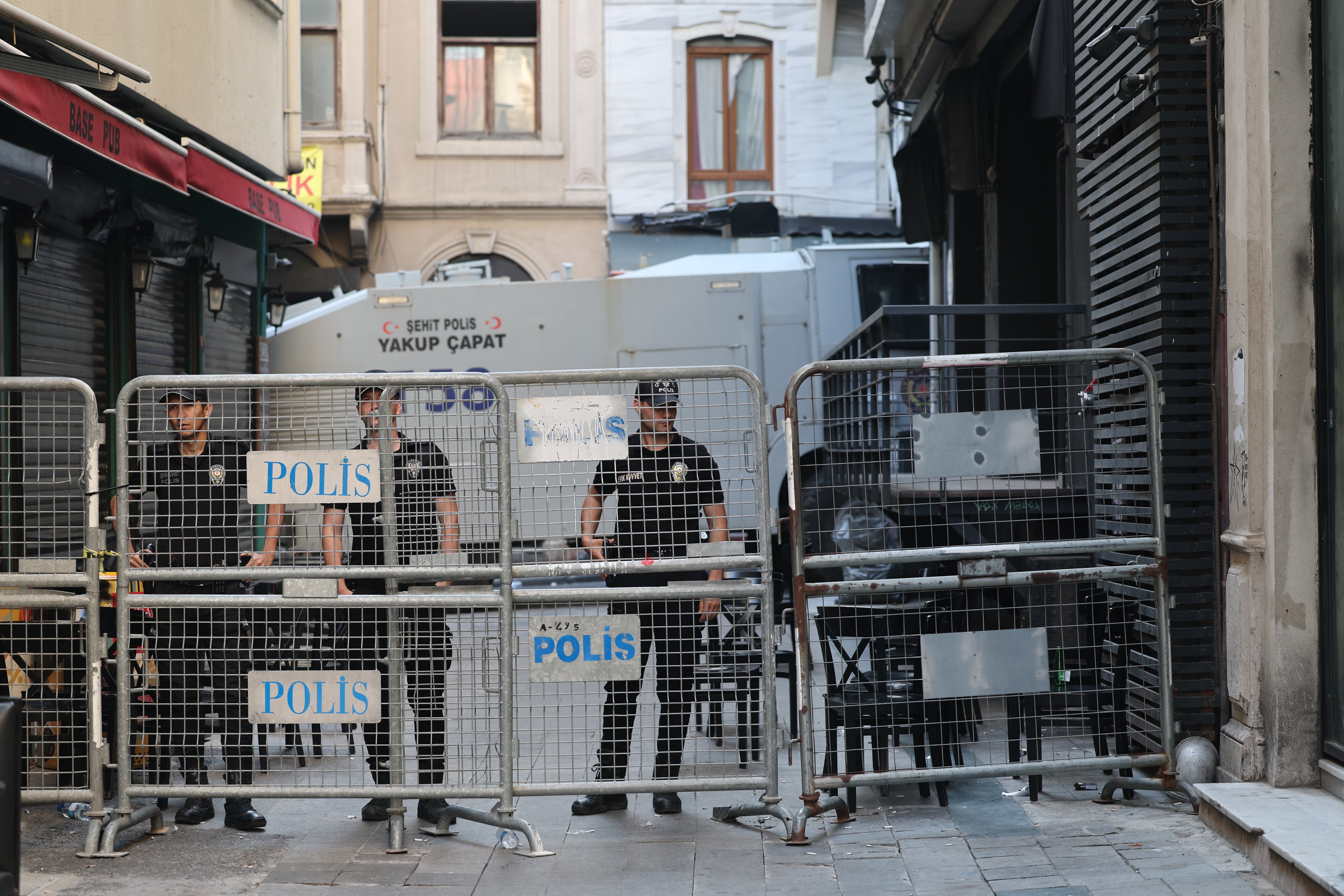 Turkish police secure the street in front of the headquarters of LeMan magazine after hundreds of people attacked the building due to an alleged cartoon of the Prophet Muhammad that was published in the satirical magazine on 30 June, in Istanbul, Turkey, 1 July 2025