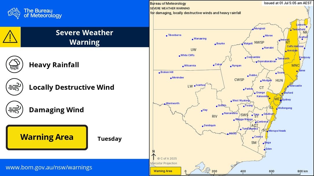 Severe weather warning for damaging or destructive winds and locally heavy rainfall