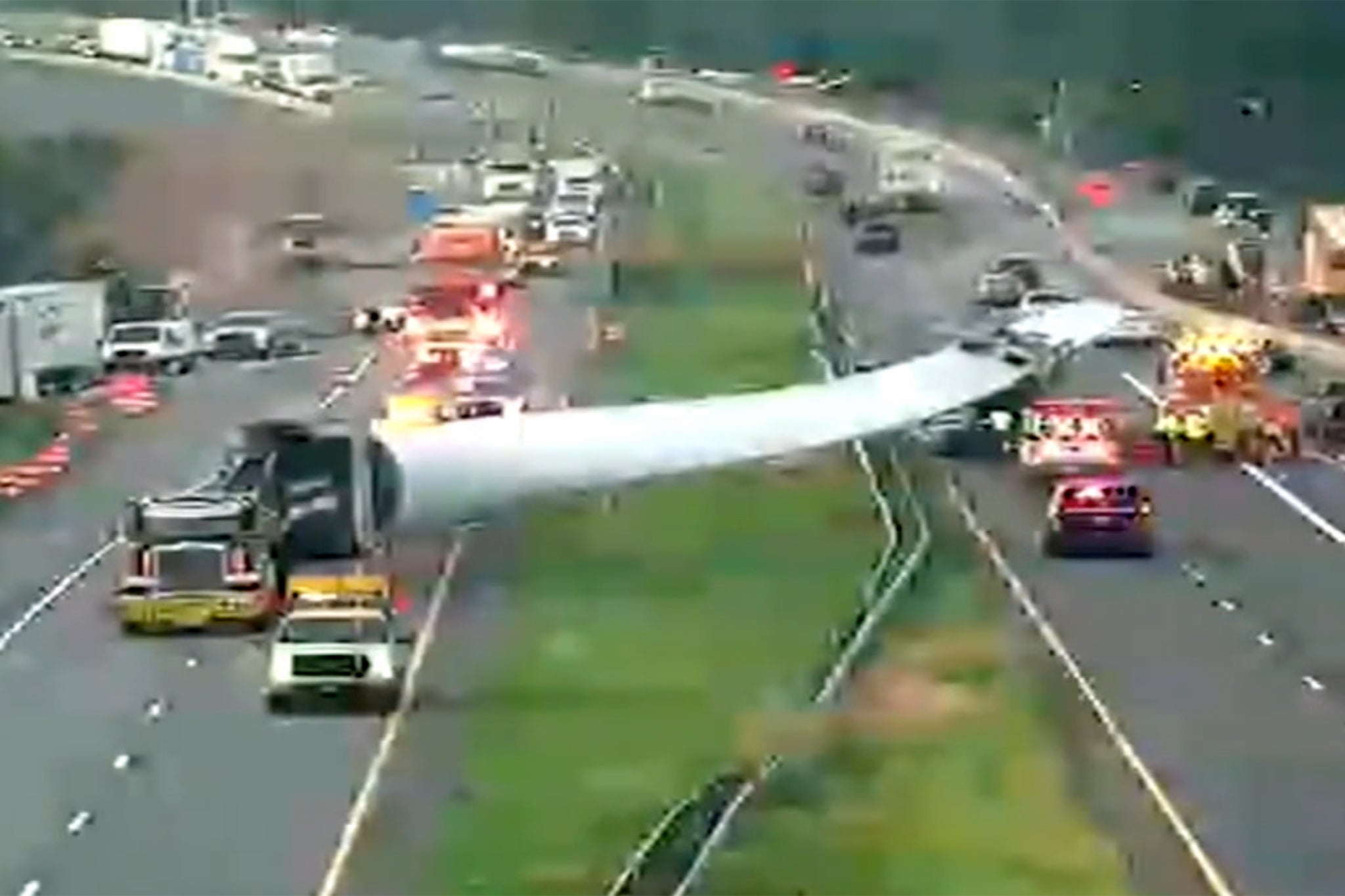 One person has been hospitalized after a wind turbine blade crashed onto a busy highway in Maryland