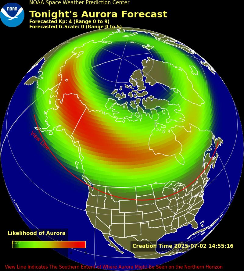 Tonight's aurora forecast shows potential impacts as far south as Idaho and South Dakota. For the best viewing conditions, people should head away from light pollution.