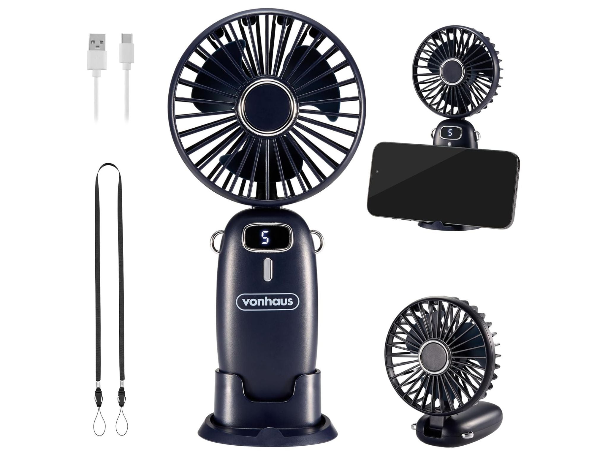 A Vonhaus handheld fan in desk mode, phone mode, and folding mode