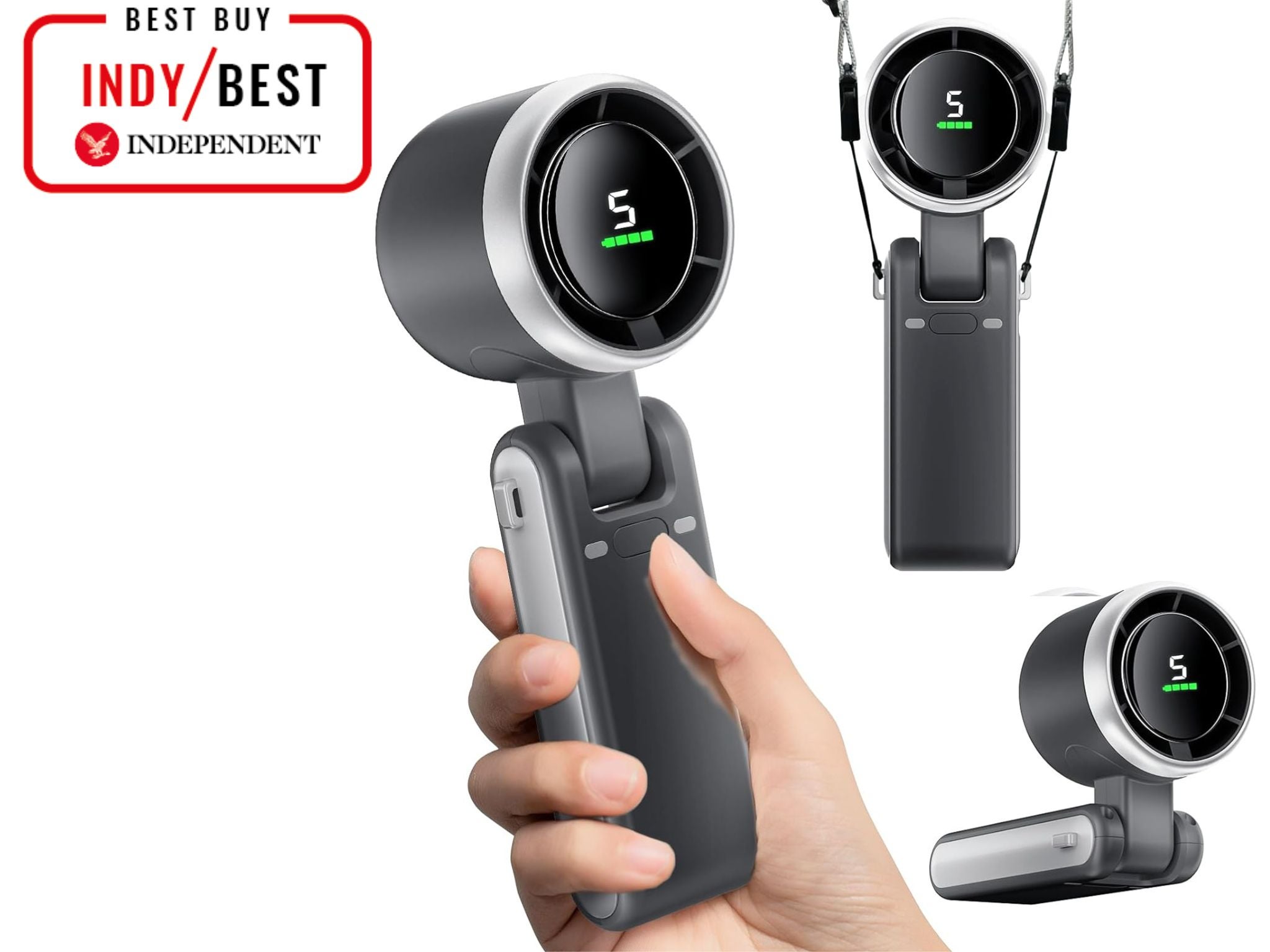 A commem turbo fan in handheld, desk, and lanyard modes