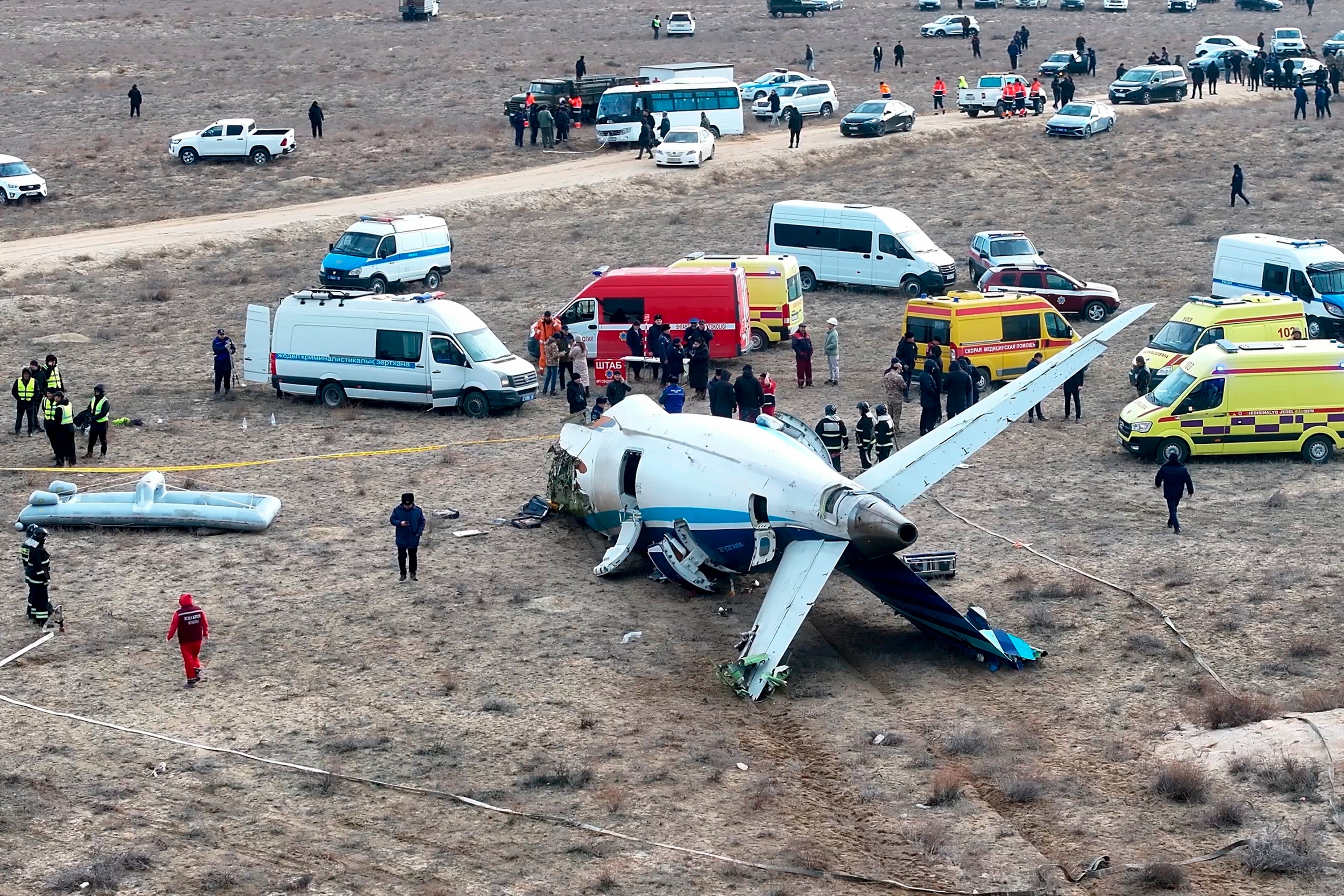 The wreckage of an Azerbaijan Airlines passenger jet lies on the ground near the airport in Aktau, Kazakhstan, where it crash-landed on Dec. 25, 2024. (AP Photo/Azamat Sarsenbayev, File)