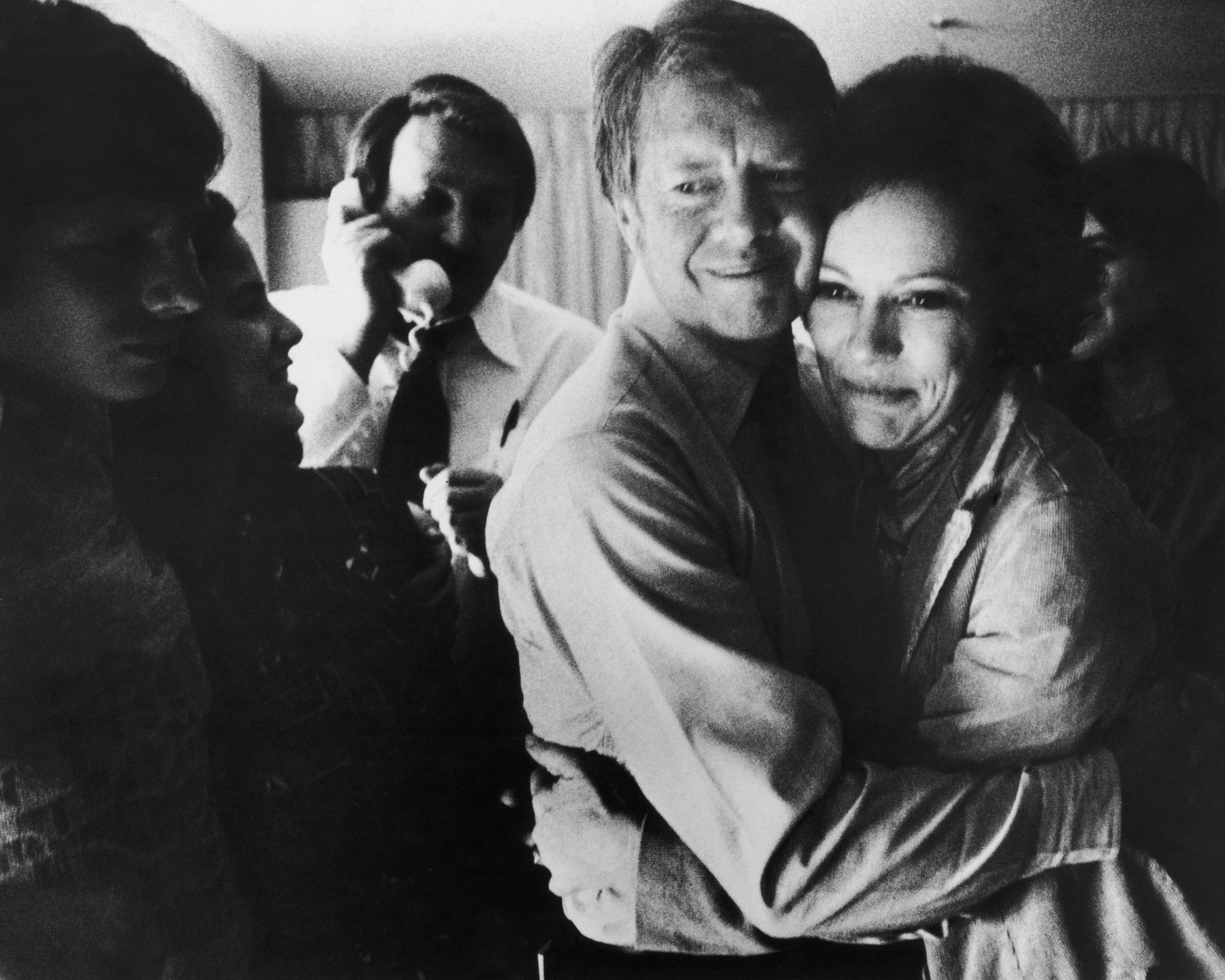 Jimmy Carter embraces his wife, Rosalynn Carter, after discovering he won the 1976 presidential election. The former president died in December, more than two years after his wife died