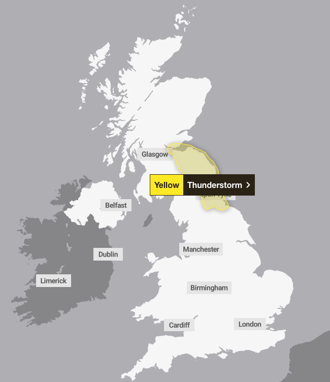 Thunderstorms are expected in Scotland and north-east England on Wednesday