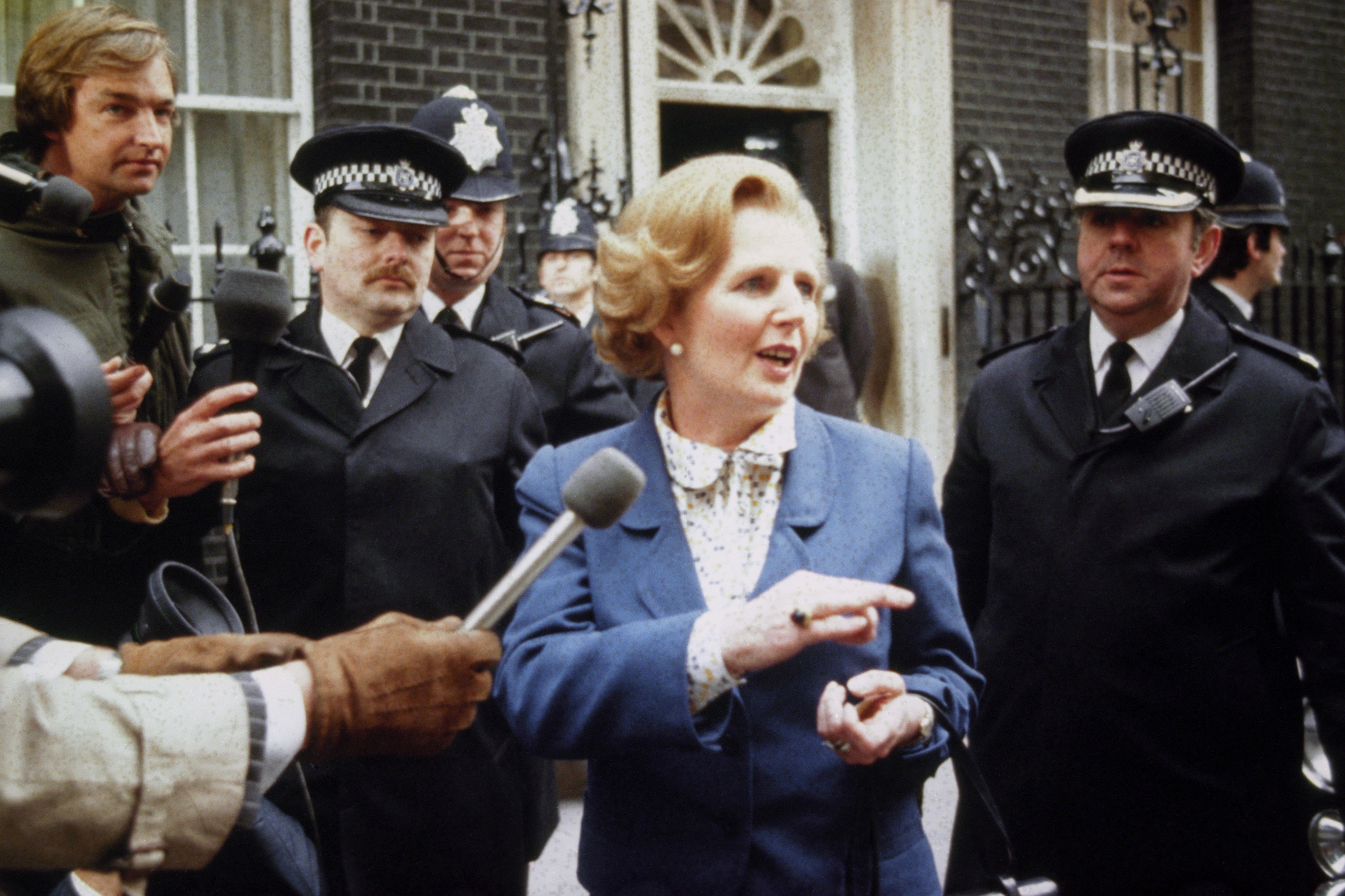 Margaret Thatcher speaks to the press the day after winning the 1979 general election (PA)