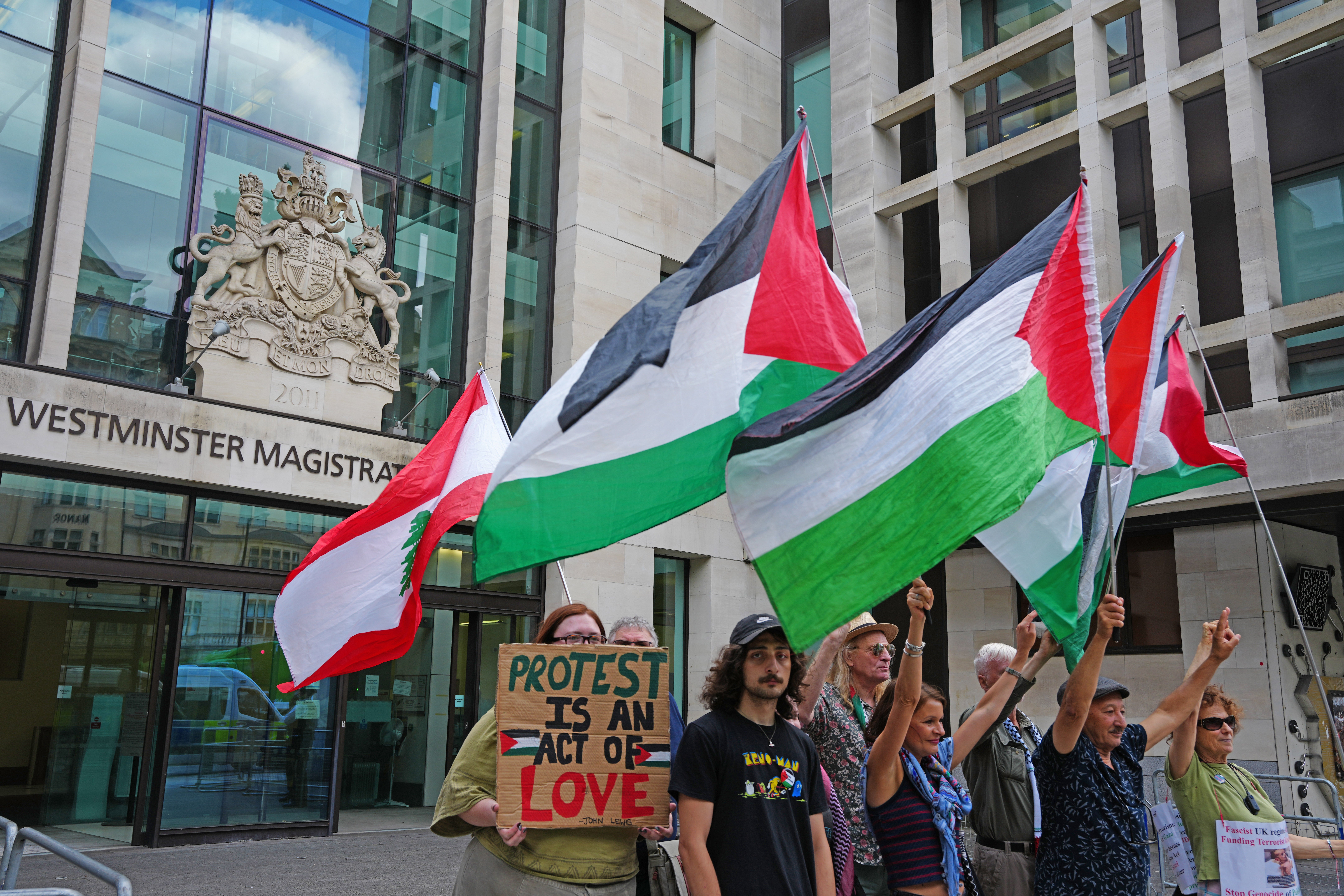 Supporters outside Westminster Magistrates' Court, London, where four are charged in connection with a protest at RAF Brize Norton