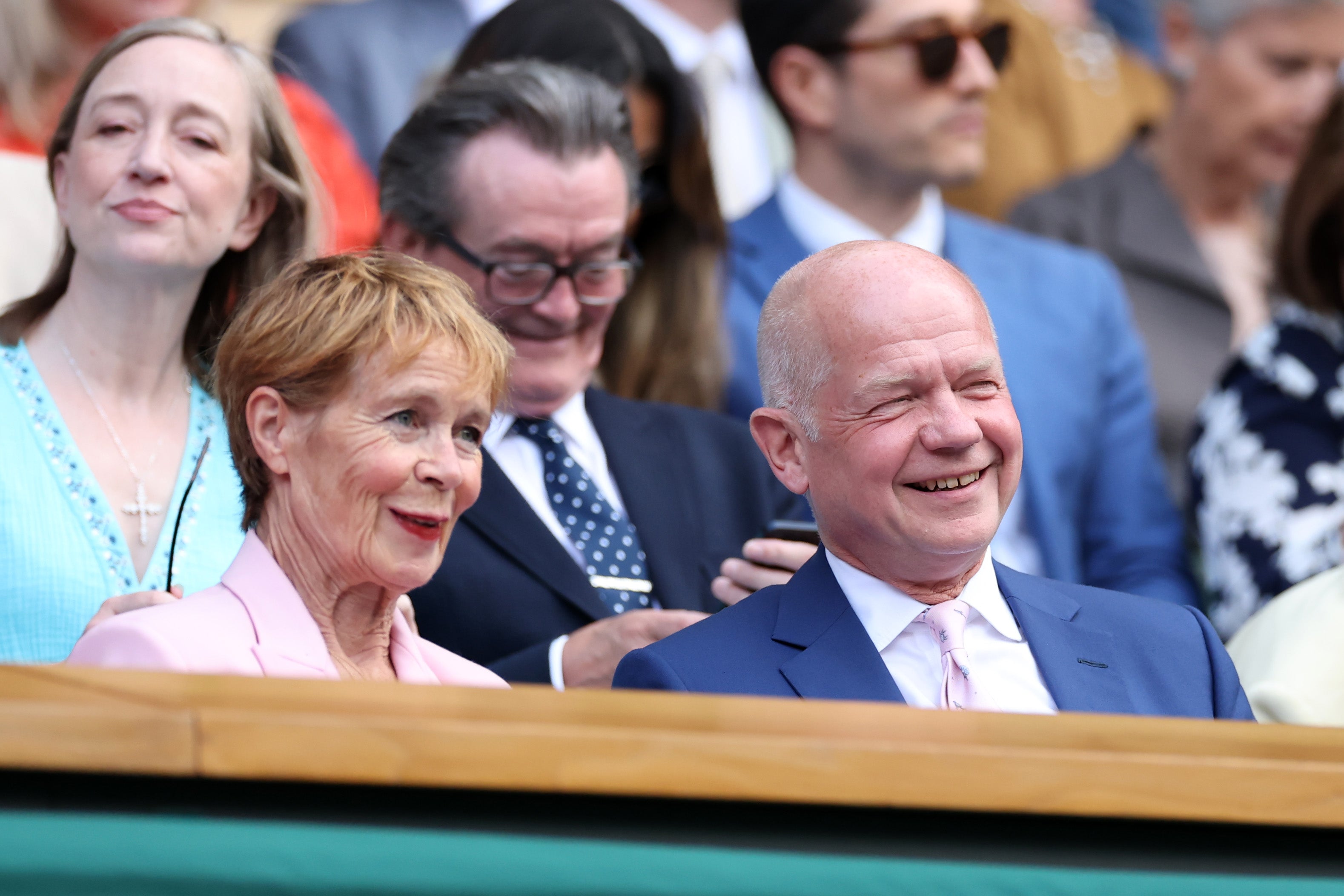 Actress Celia Imrie and former Conservative leader William Hague sit in front of the Sharkeys