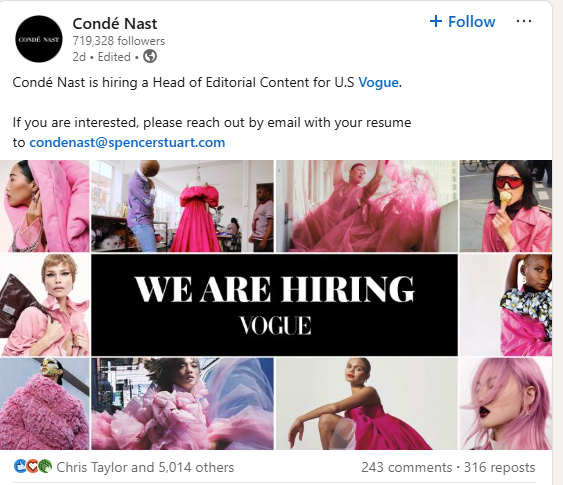 Screenshot of Conde Nast's listing for Anna Wintour's old job at American Vogue.