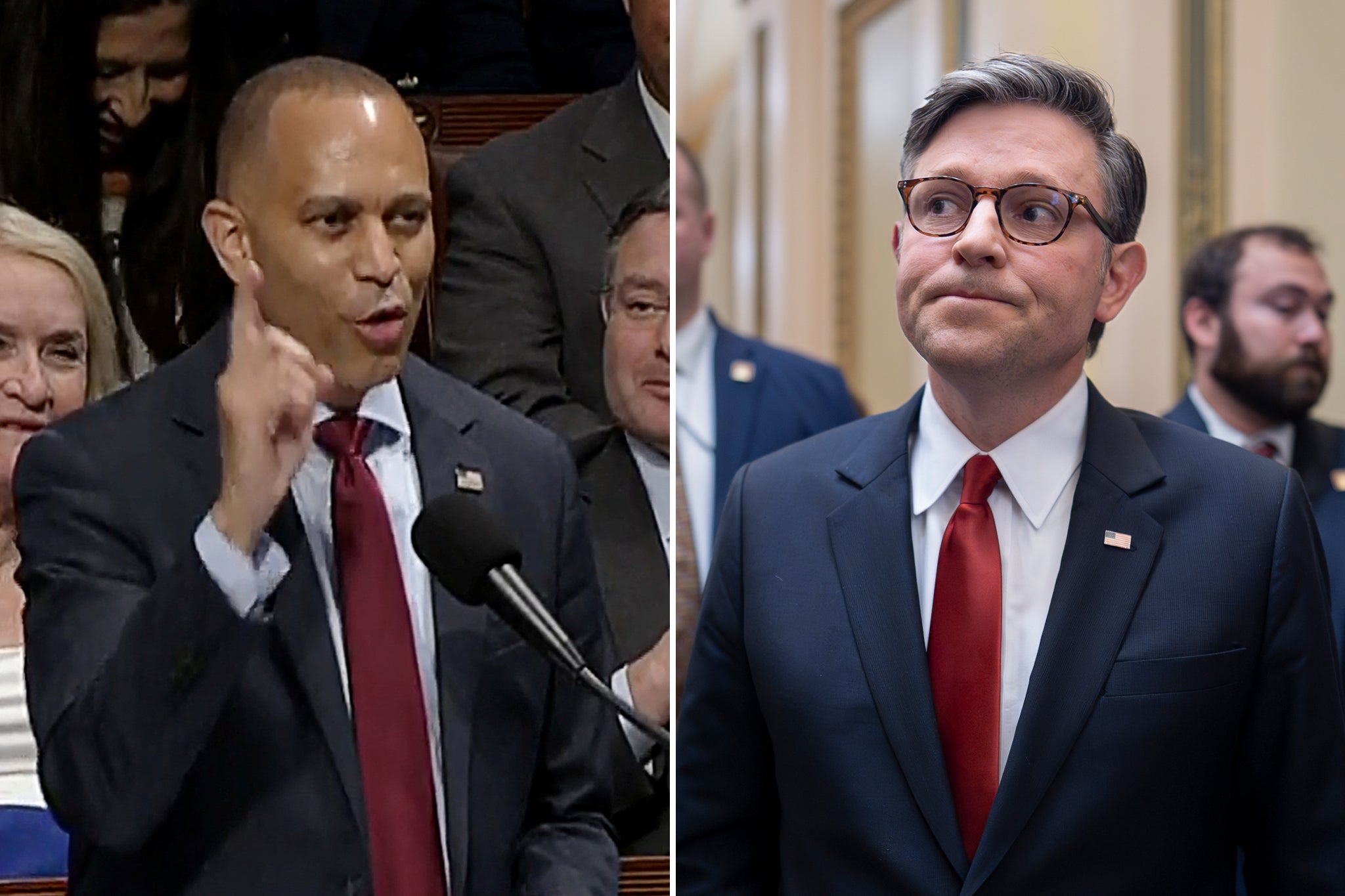 House Speaker Mike Johnson (r.) finally got his caucus in line behind President Donald Trump’s ‘Big Beautiful Bill” but then had to wait through over eight hours of a floor speech meant to delay the vote from Democratic leader Hakeem Jeffries (l.).