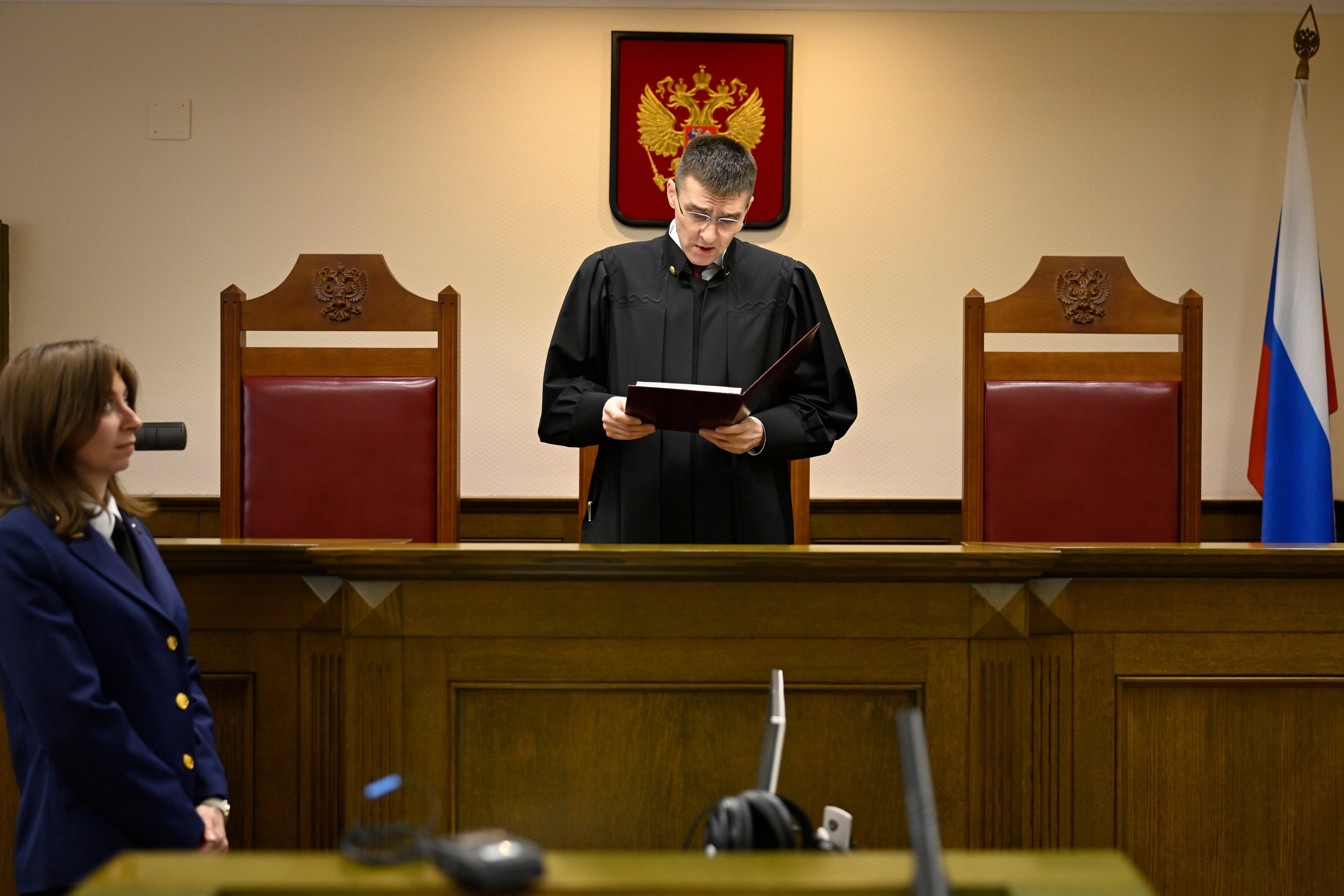 Russia's Supreme Court judge Oleg Nefyodov delivers a verdict lifting a ban on Afghanistan's Taliban, who were designated as a terrorist group more than two decades ago, in Moscow, Russia, April 17, 2025