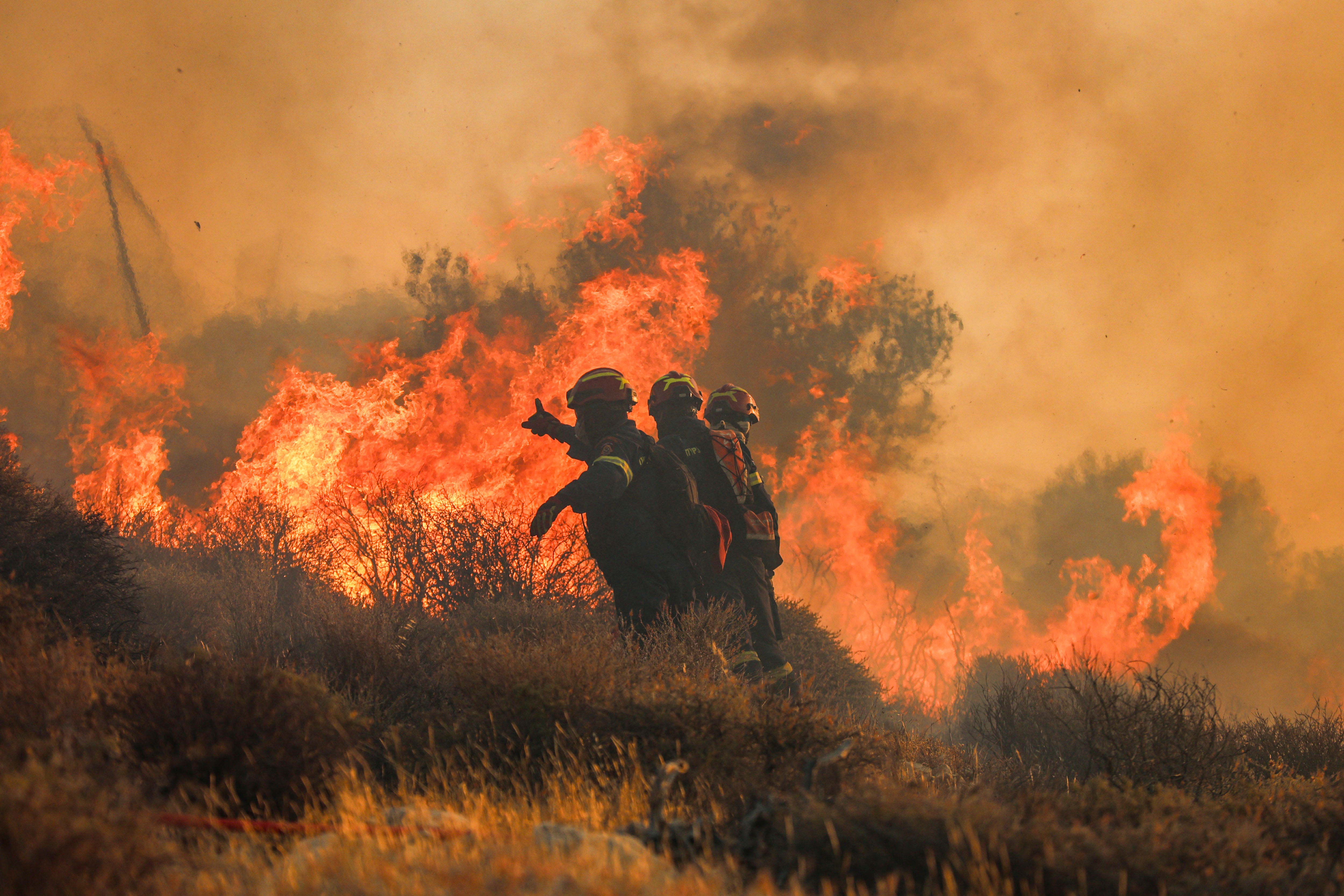 Firefighters tackling a blaze caused by extreme heat in Crete, Greece, last week