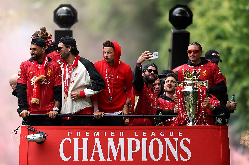 Jota, second from right, celebrates Liverpool’s Premier League title