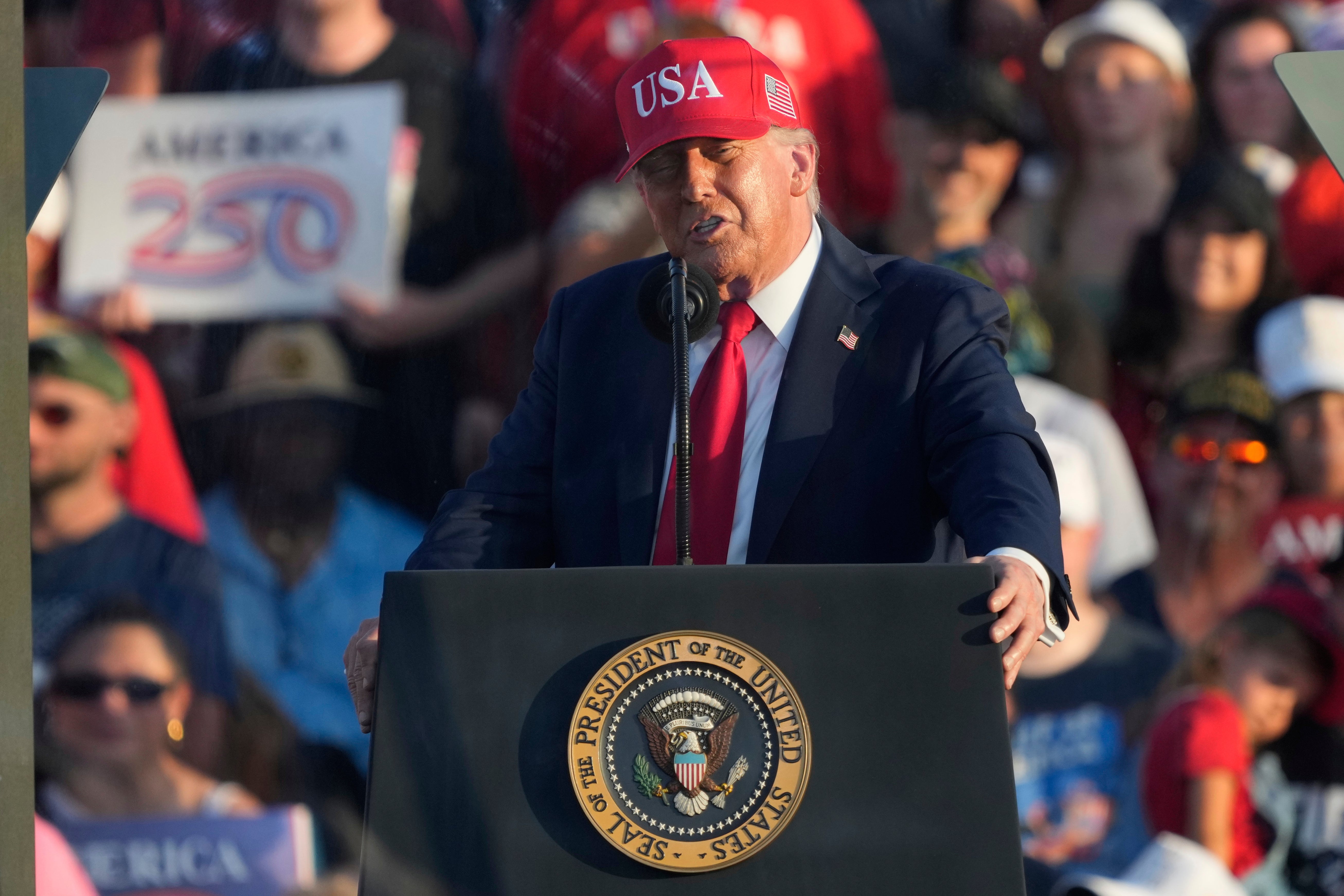 President Donald Trump speaks at a rally at the Iowa State Fairgrounds in Des Moines on Thursday July 3 2025