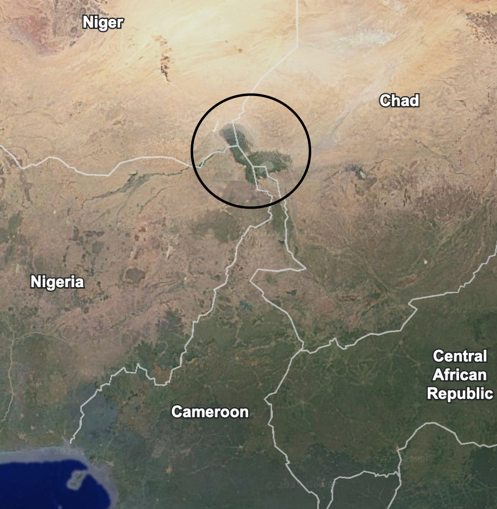 Lake Chad exists on the border between Niger, Chad, Cameroon, and Nigeria