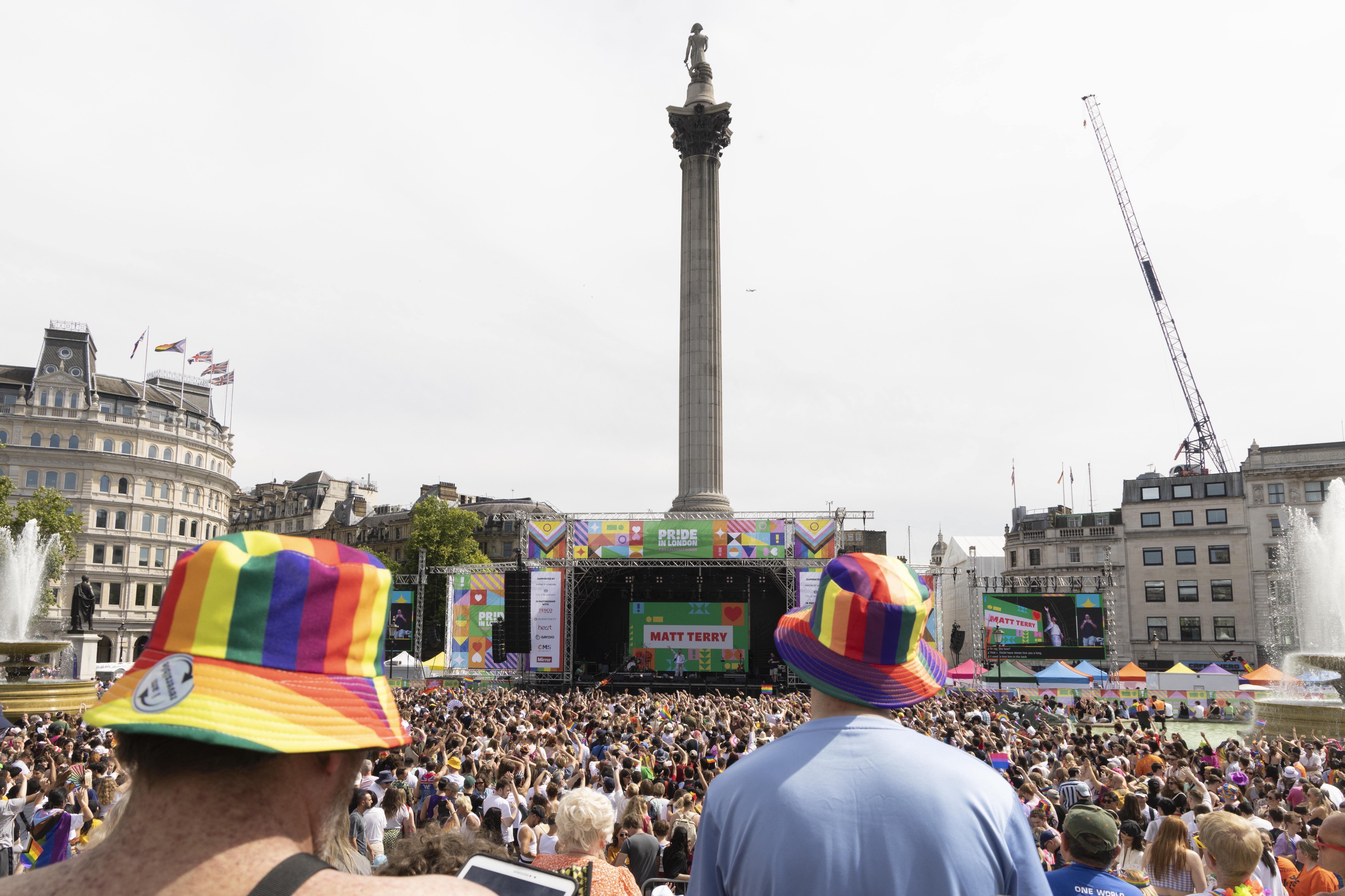People watch the Trafalgar Square stage during Pride in London last year (Tim Anderson/PA)