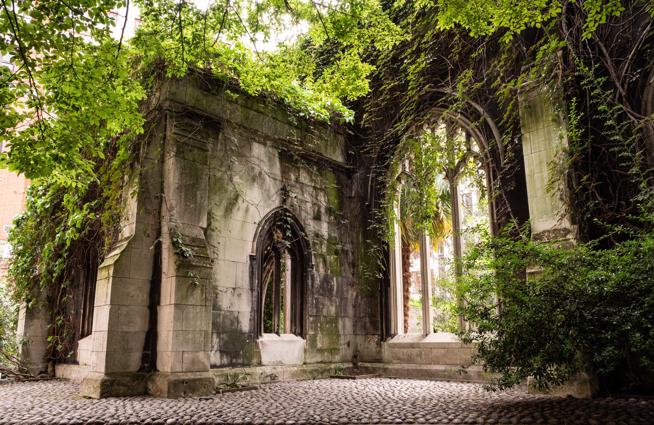 Climbing plants, shrubs and trees reclaim the ruined former City of London church of St Dunstan-in-the-East, largely destroyed in the 1941 wartime Blitz, now a public garden