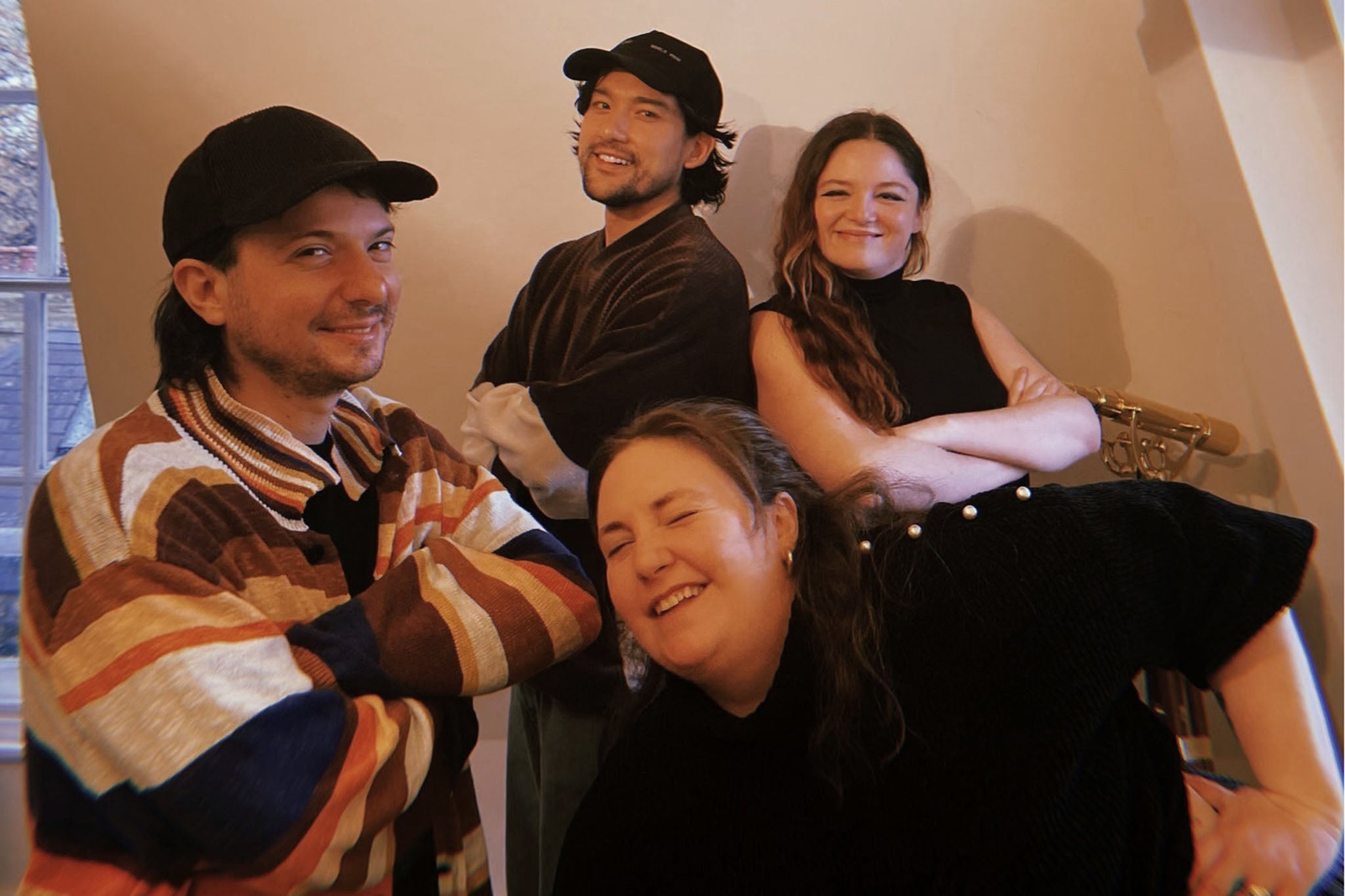 ‘Too Much’ husband-and-wife co-creators Luis Felber and Dunham (left-right foreground) hang with the show’s stars, Will Sharpe (left) and Megan Stalter (right)