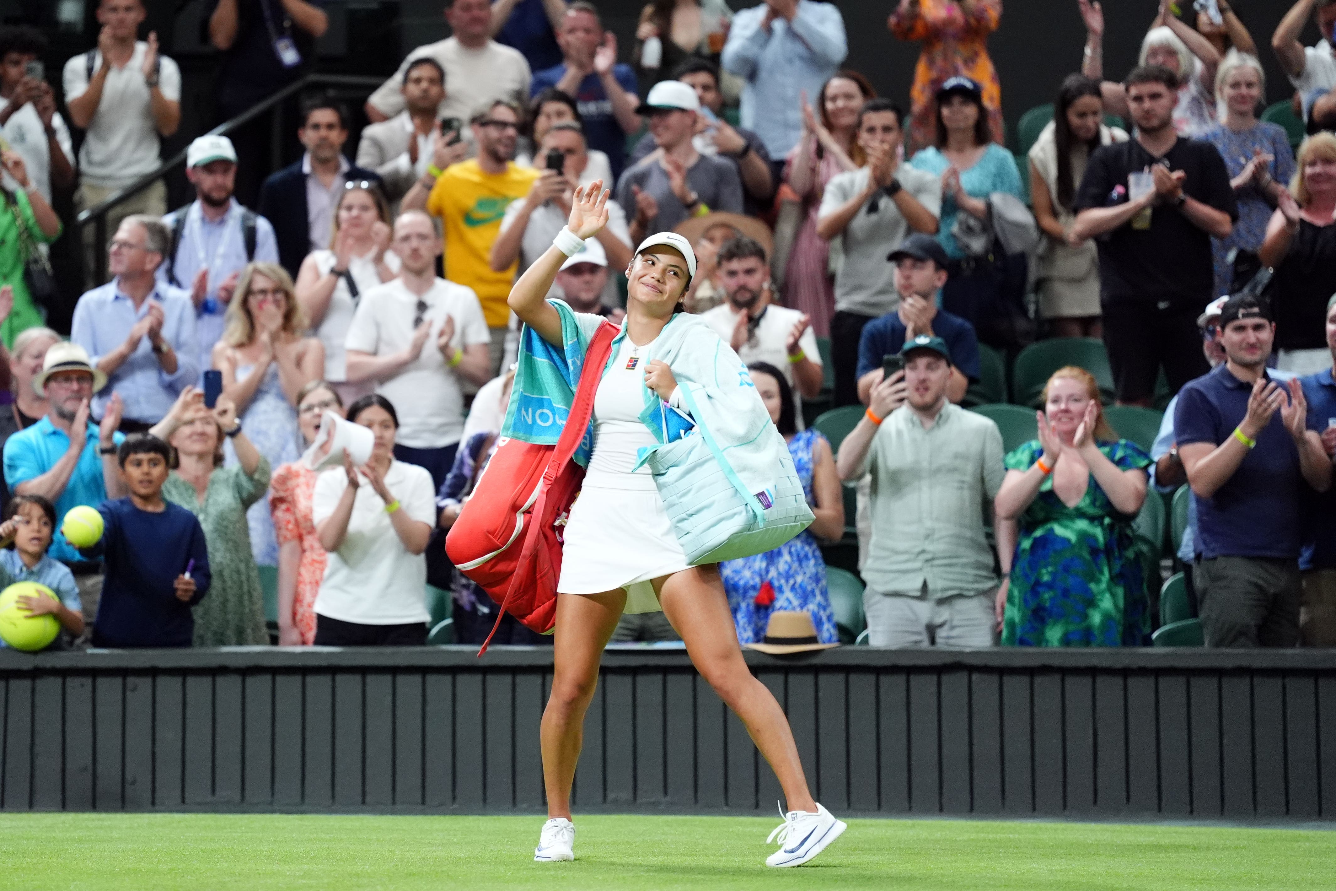 Emma Raducanu waves to Centre Court after losing to Aryna Sabalenka (Adam Davy/PA)
