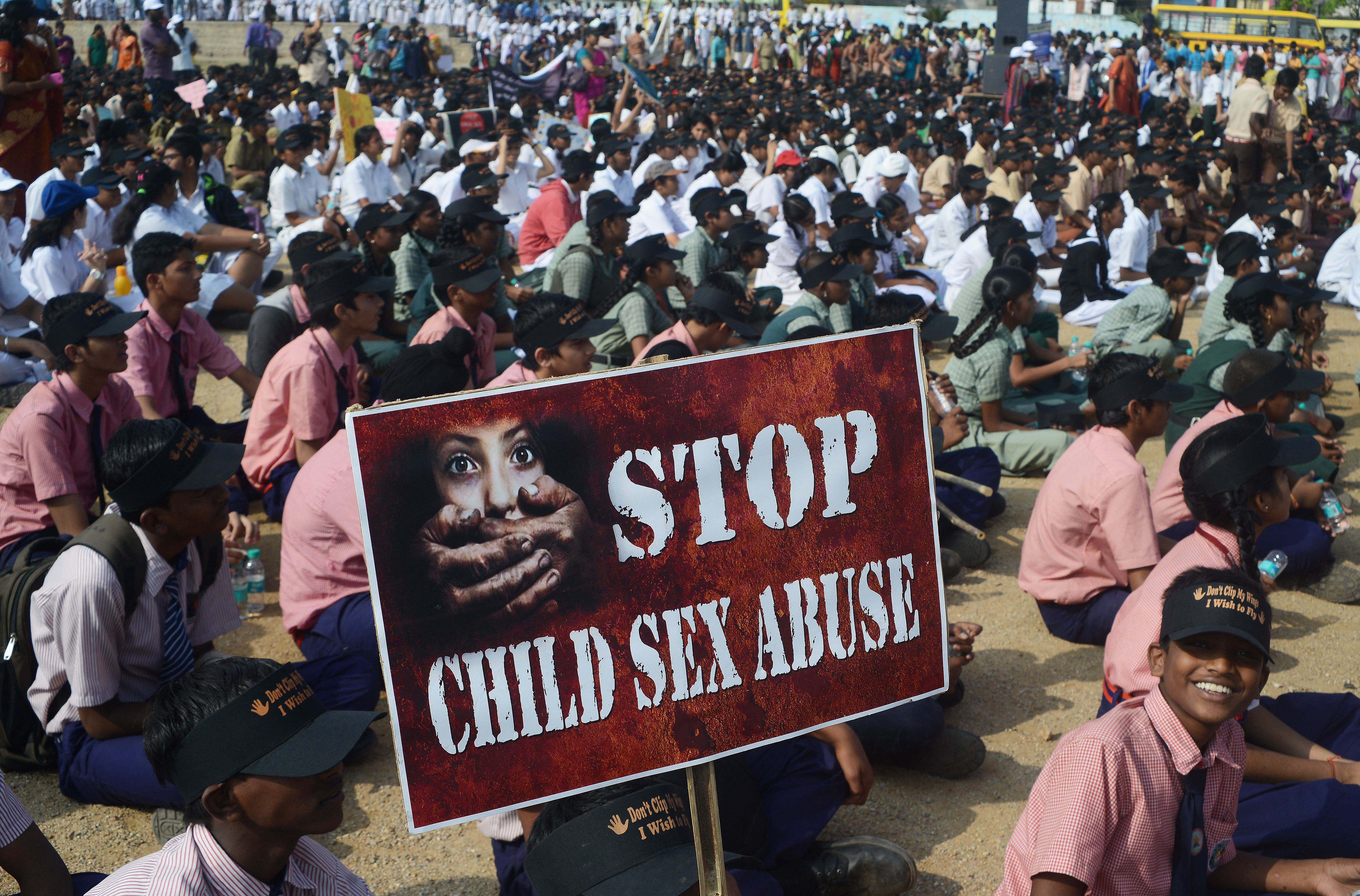 File. Students participate in an awareness campaign against child sex abuse in Hyderabad, India