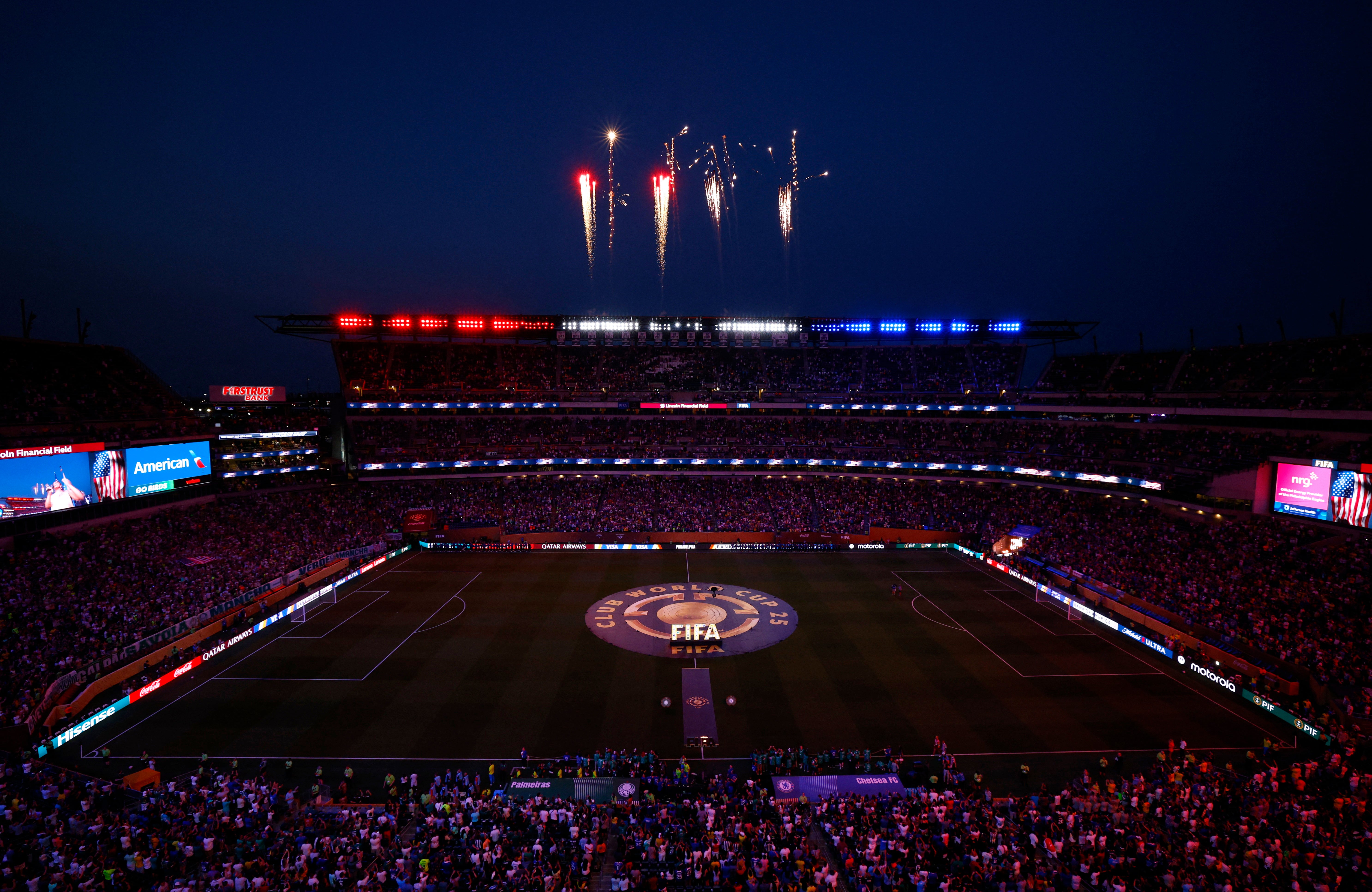 Independence Day fireworks explode over Philadelphia's Lincoln Financial Field as attendees wait for the FIFA Club World Cup to begin