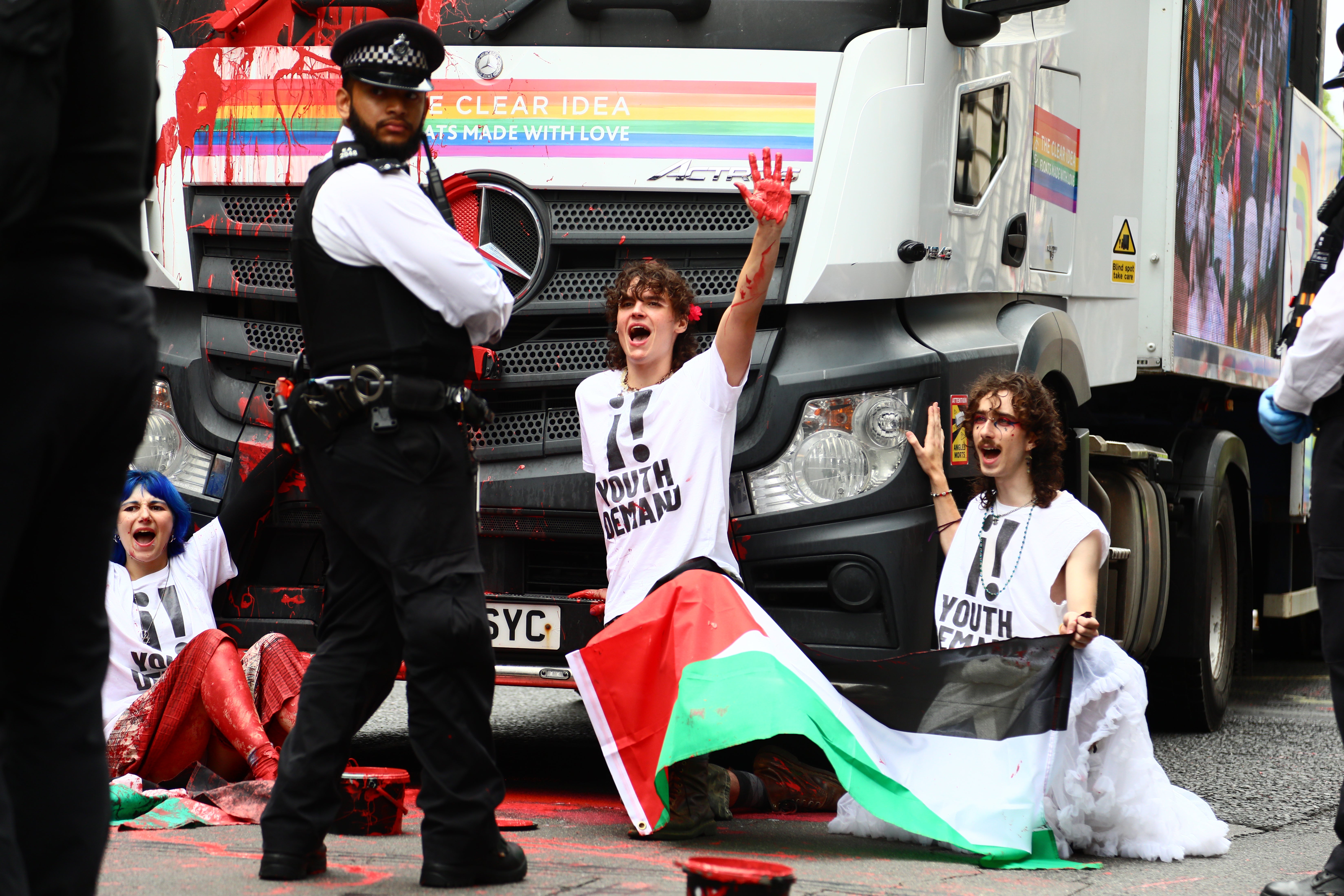 Youth Demand activists disrupted London’s Pride parade by throwing red paint at a float in a pro-Palestine protest on Saturday.