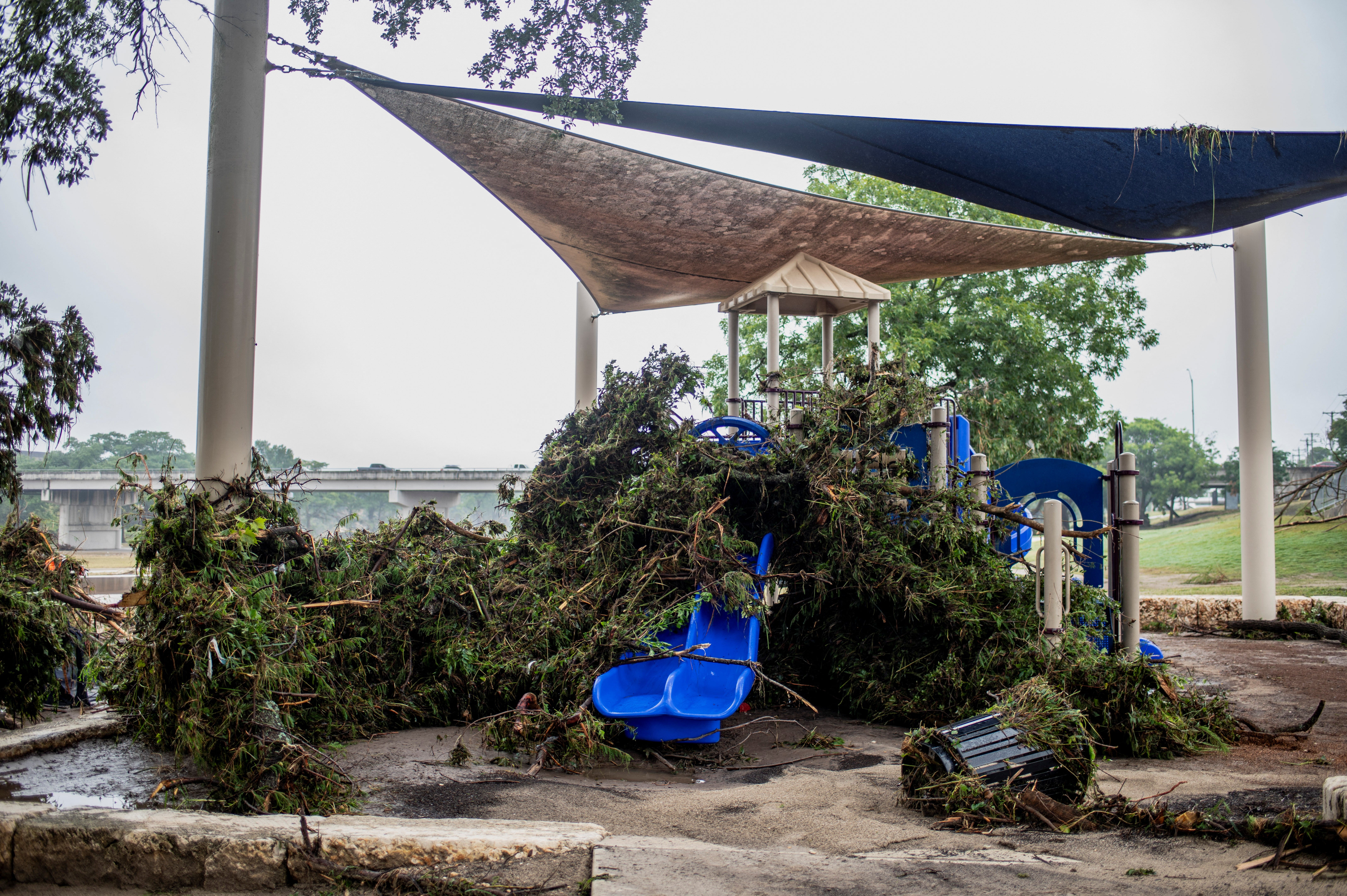 A playground lay in ruins after the brutal flood.