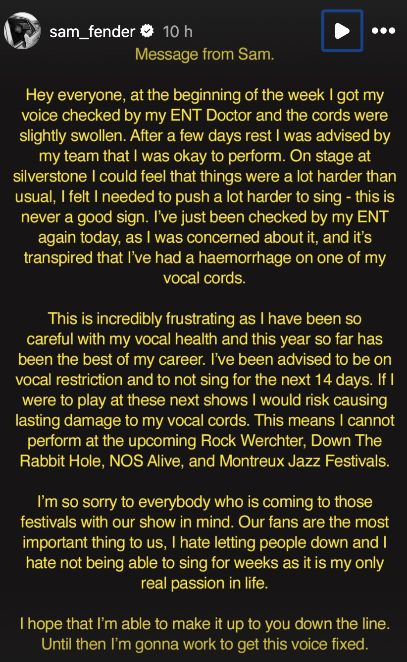 Fender updated fans in a statement shared on Instagram