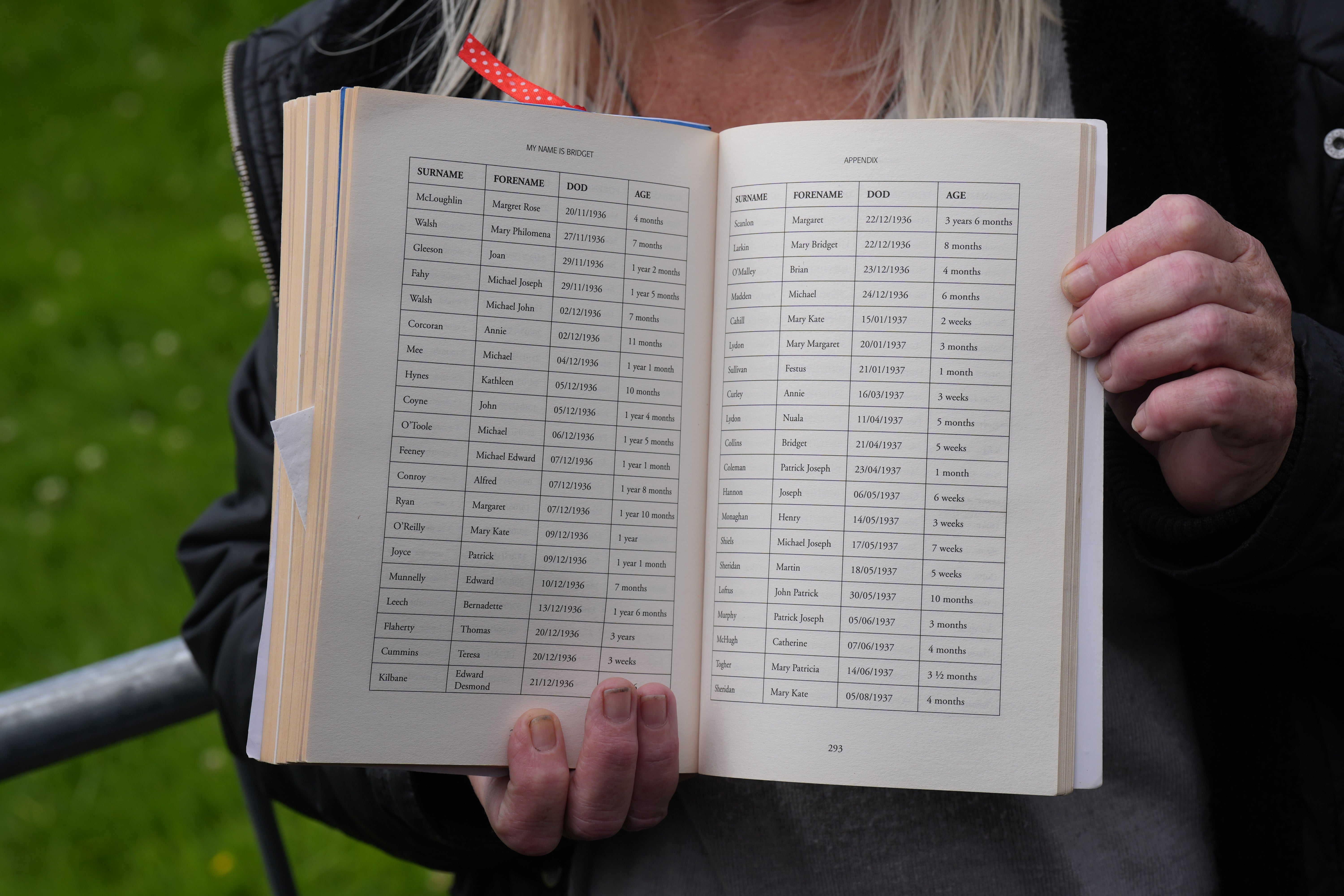 Campaigner Anna Corrigan holds up the My Name is Bridget book with a list of some of the deceased children’s names