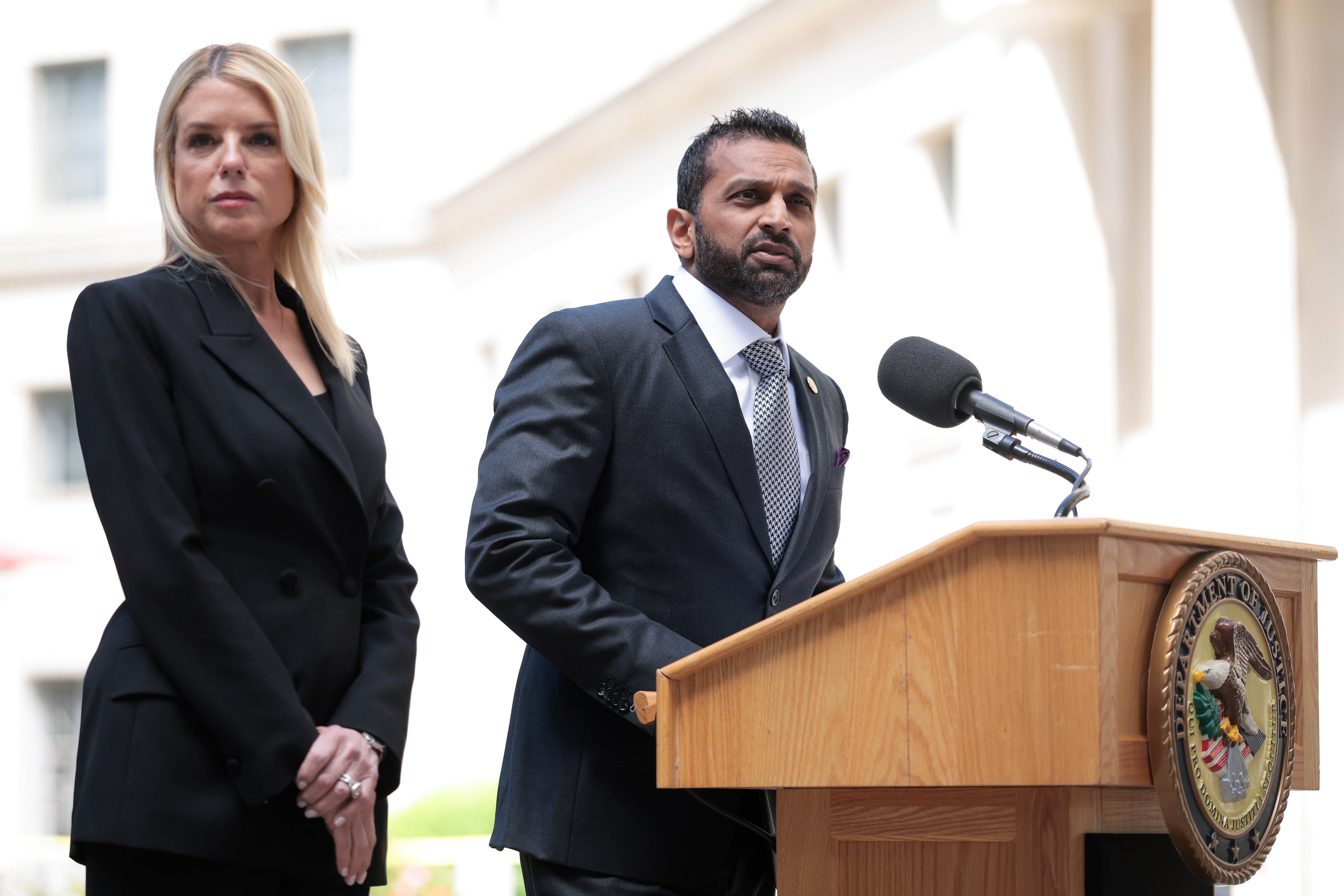 Pam Bondi, pictured with FBI director Kash Patel, has come under intense scrutiny from the right over the release of the Epstein files.