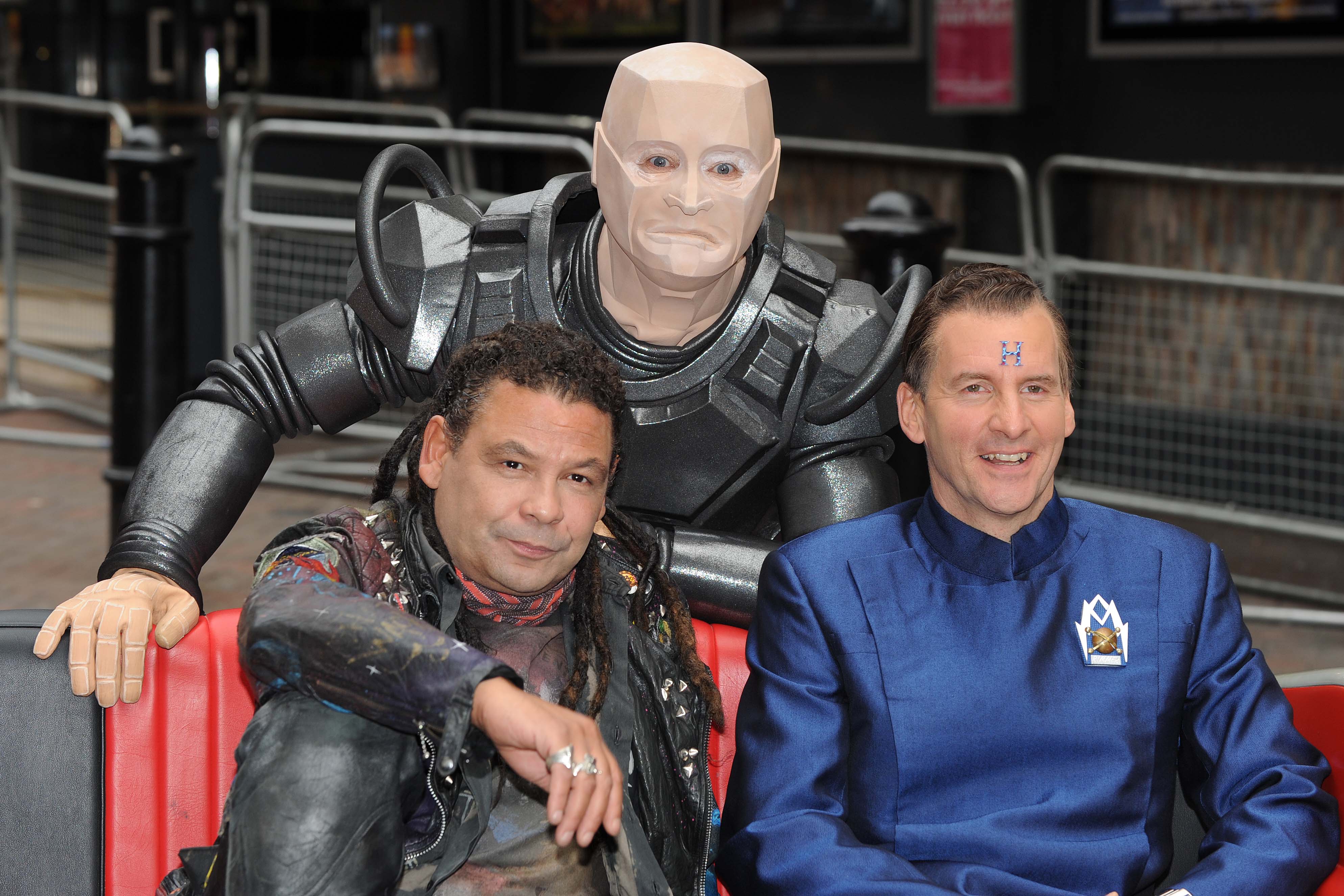 Craig Charles as Dave Lister, Robert Llewellyn as Kryten and Chris Barrie as Arnold Rimmer in 2012