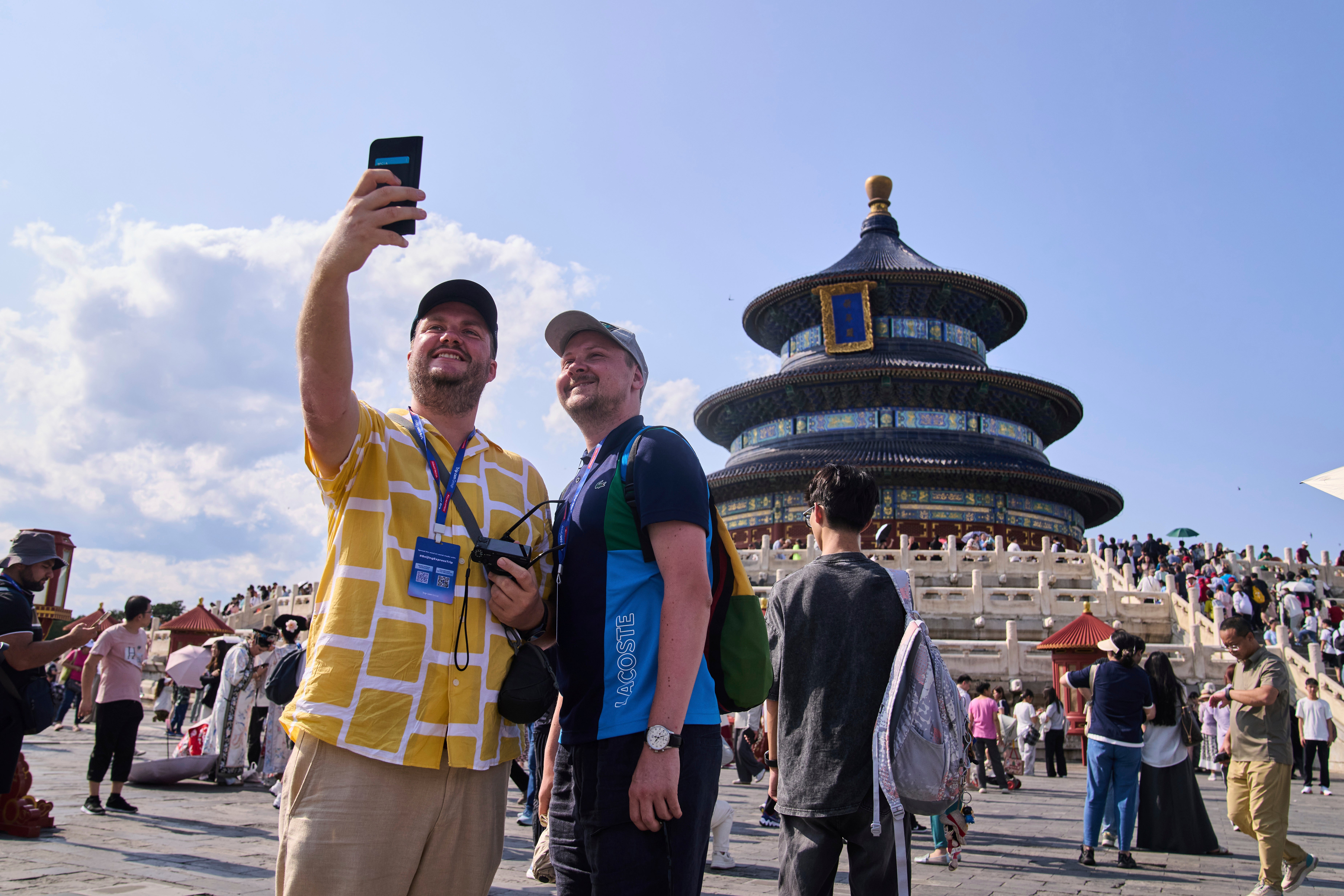 Tourists take a selfie at the Temple of Heaven