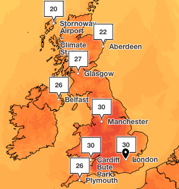 Met Office forecast temperatures of above 30C on Saturday across England and Wales