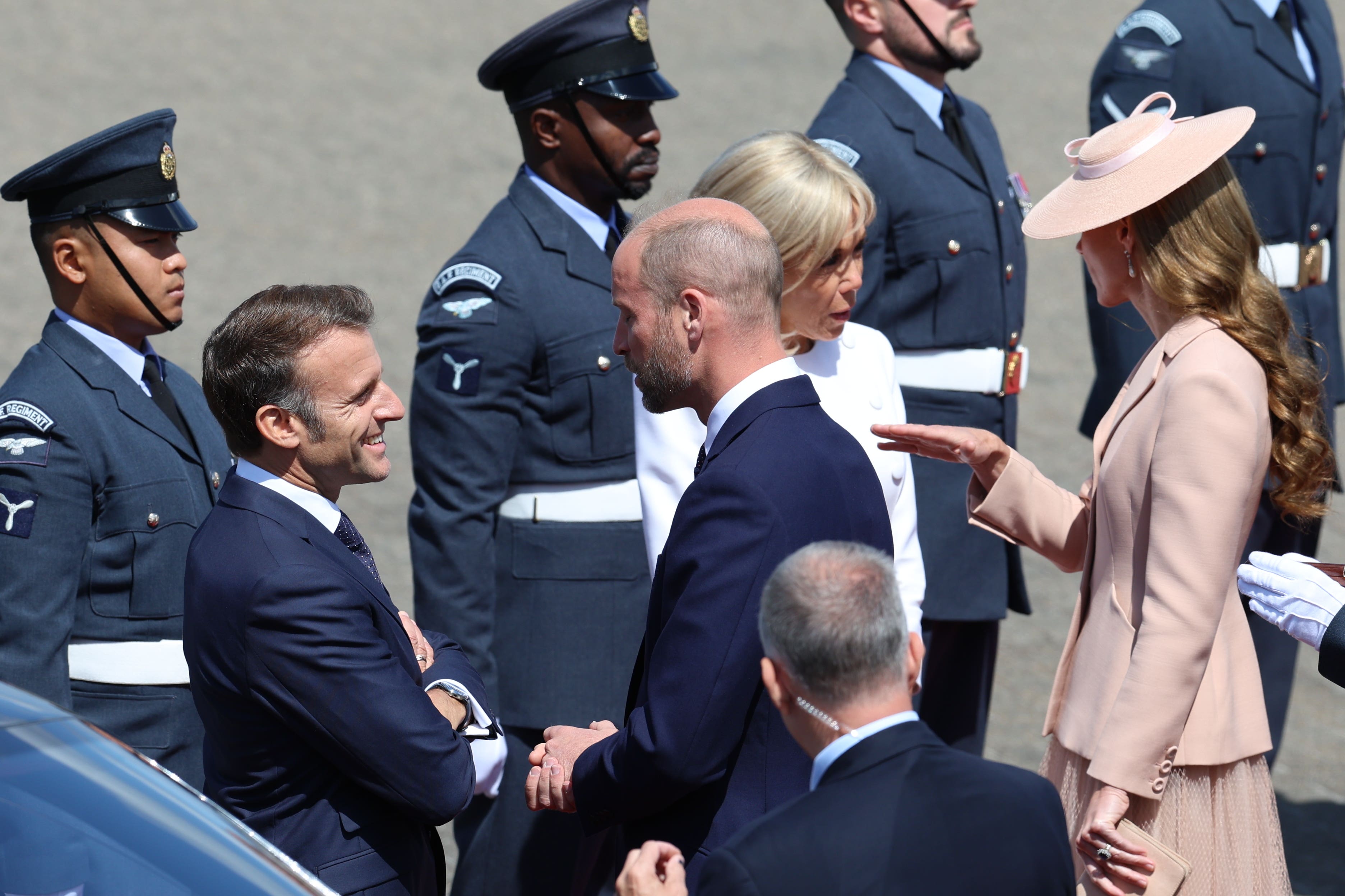 The President of France Emmanuel Macron and his wife Brigitte Macron are welcomed by the Prince and Princess of Wales at RAF Northolt (Geoff Pugh/Daily Telegraph/PA)