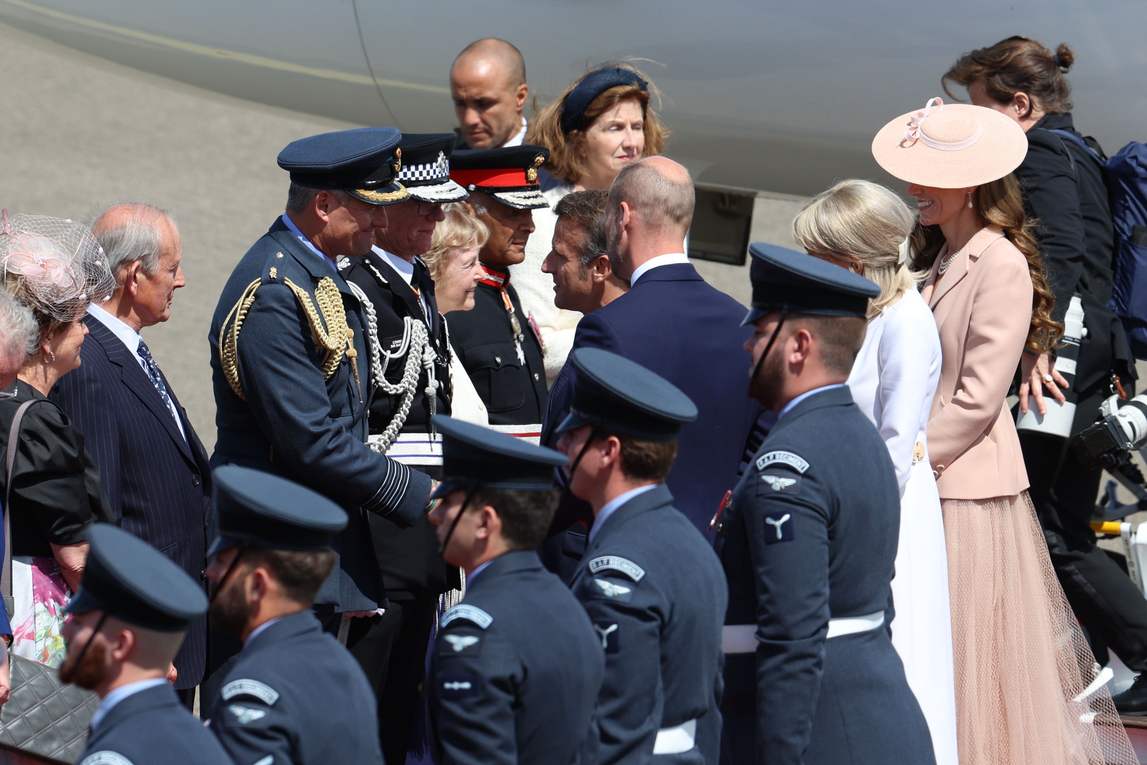 The President of France Emmanuel Macron and his wife Brigitte Macron are welcomed by the Prince and Princess of Wales at RAF Northolt, north London (Geoff Pugh/Daily Telegraph/PA)