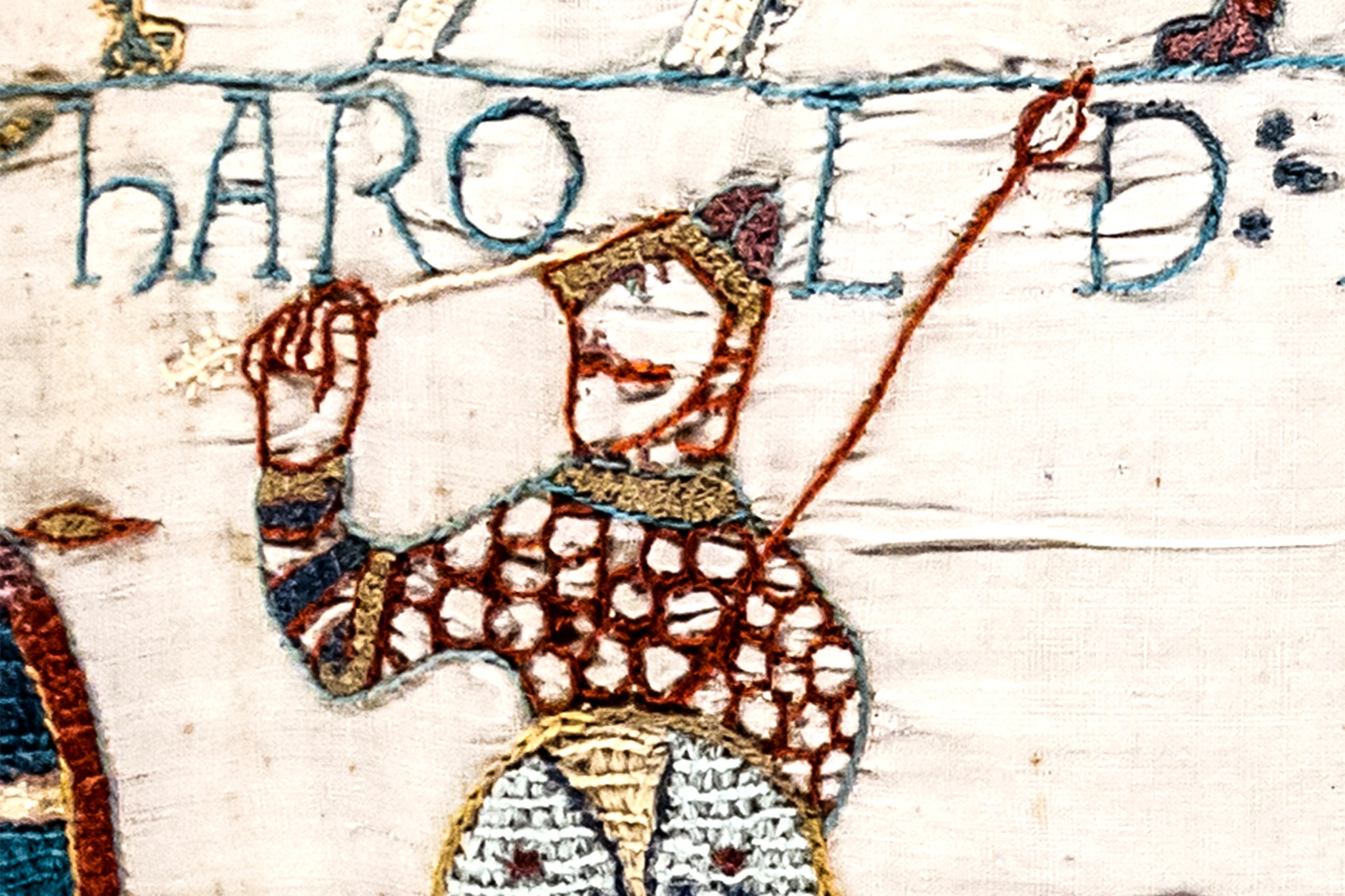 The tapestry depicts Harold Godwinson, the last Anglo-Saxon king, taking an arrow to the eye during the Battle of Hastings