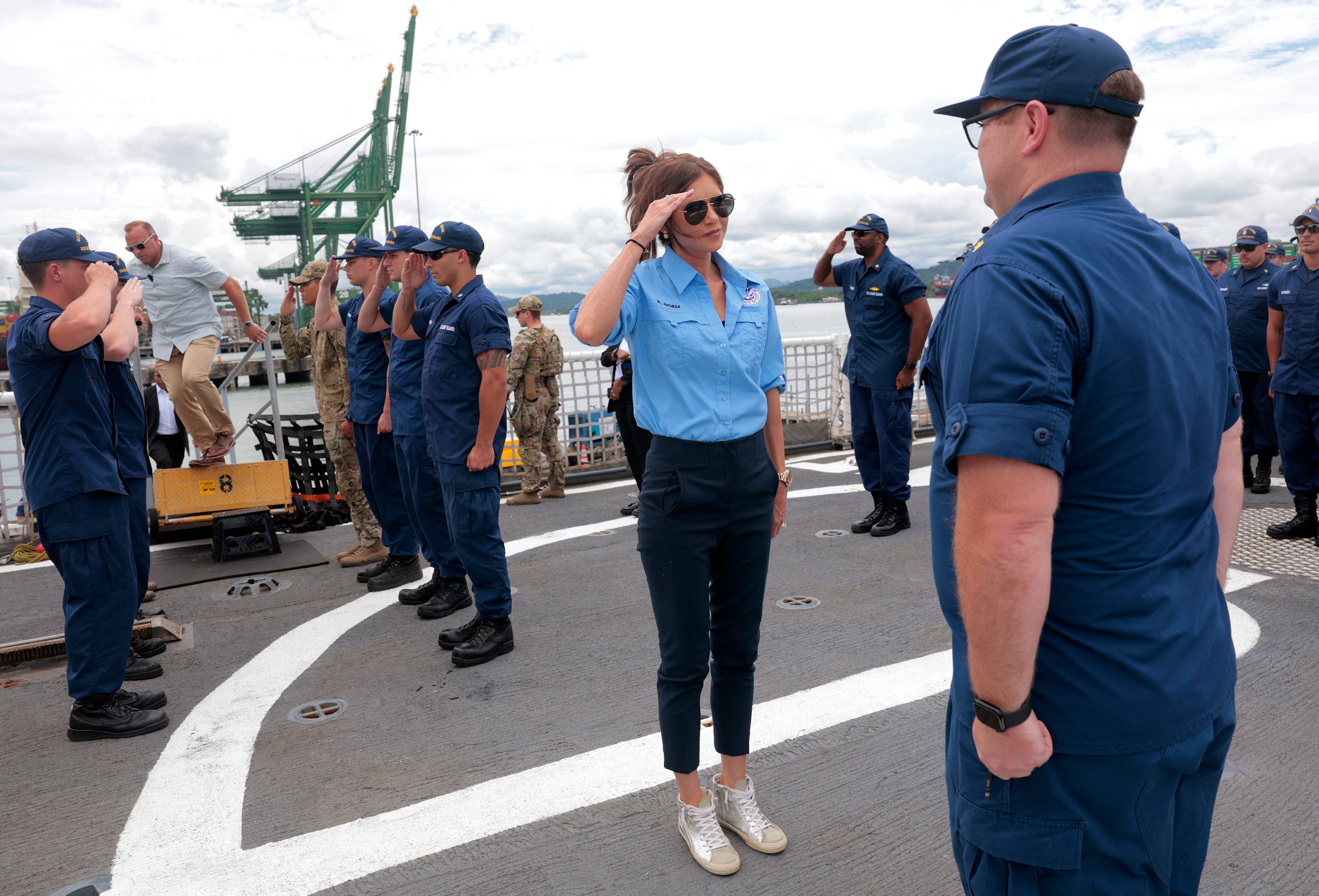 Noem has become known for her outfits and matching the various agencies and workers she visits.