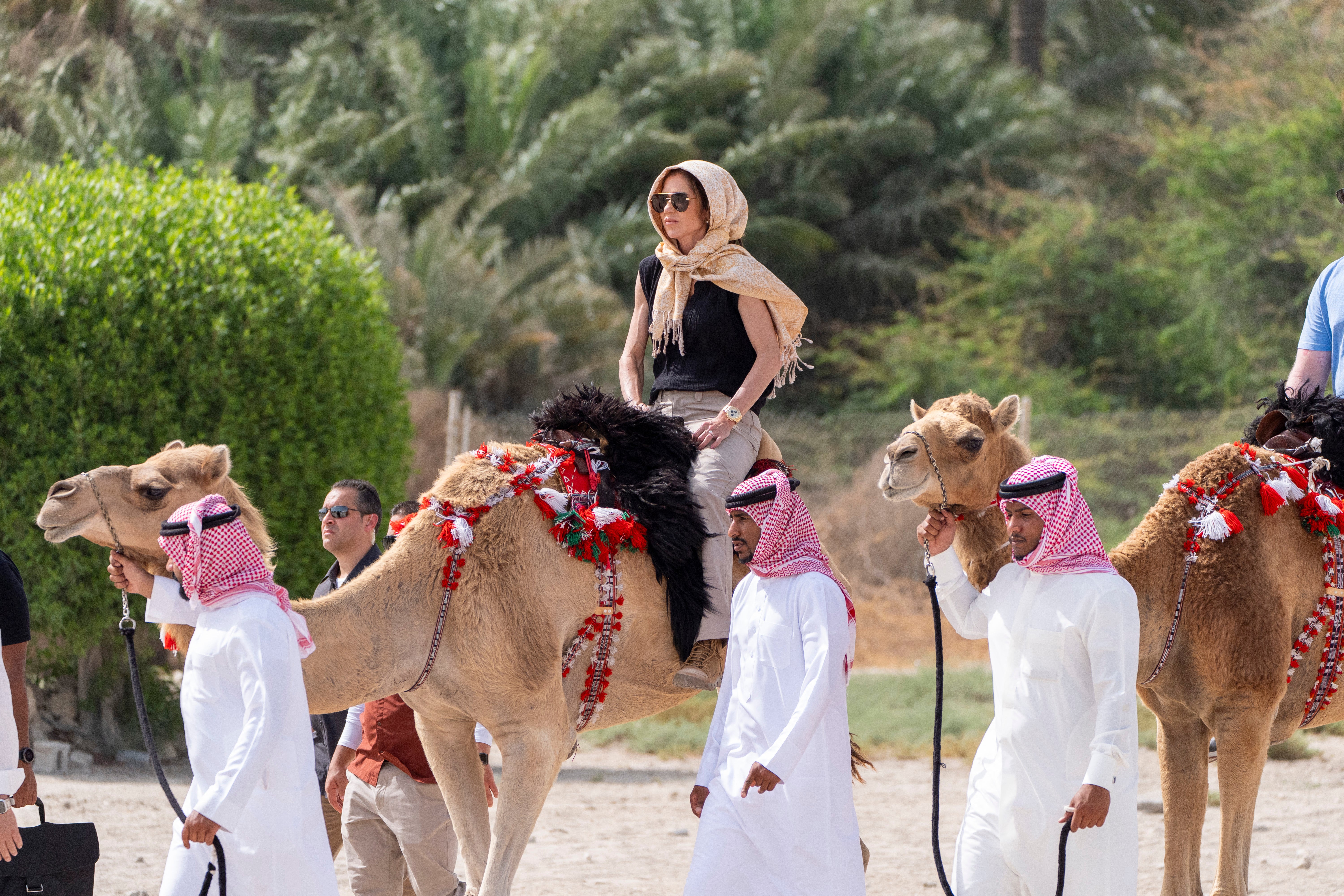 The three portraits all featured Noem on horseback. She is pictured here on a camel during a visit to Bahrain.