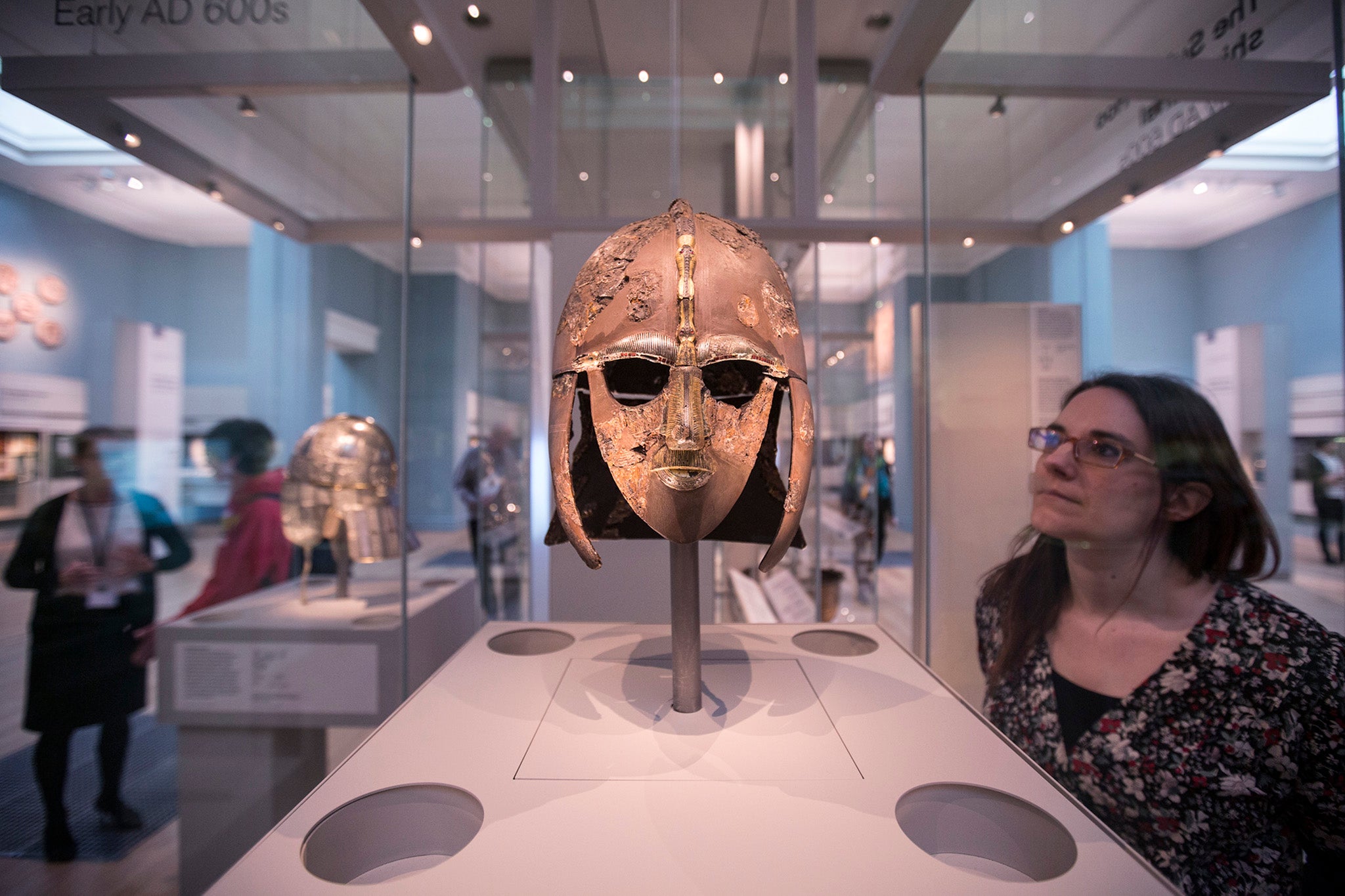 A helmet from the Sutton Hoo collection on display at the British Museum in 2014