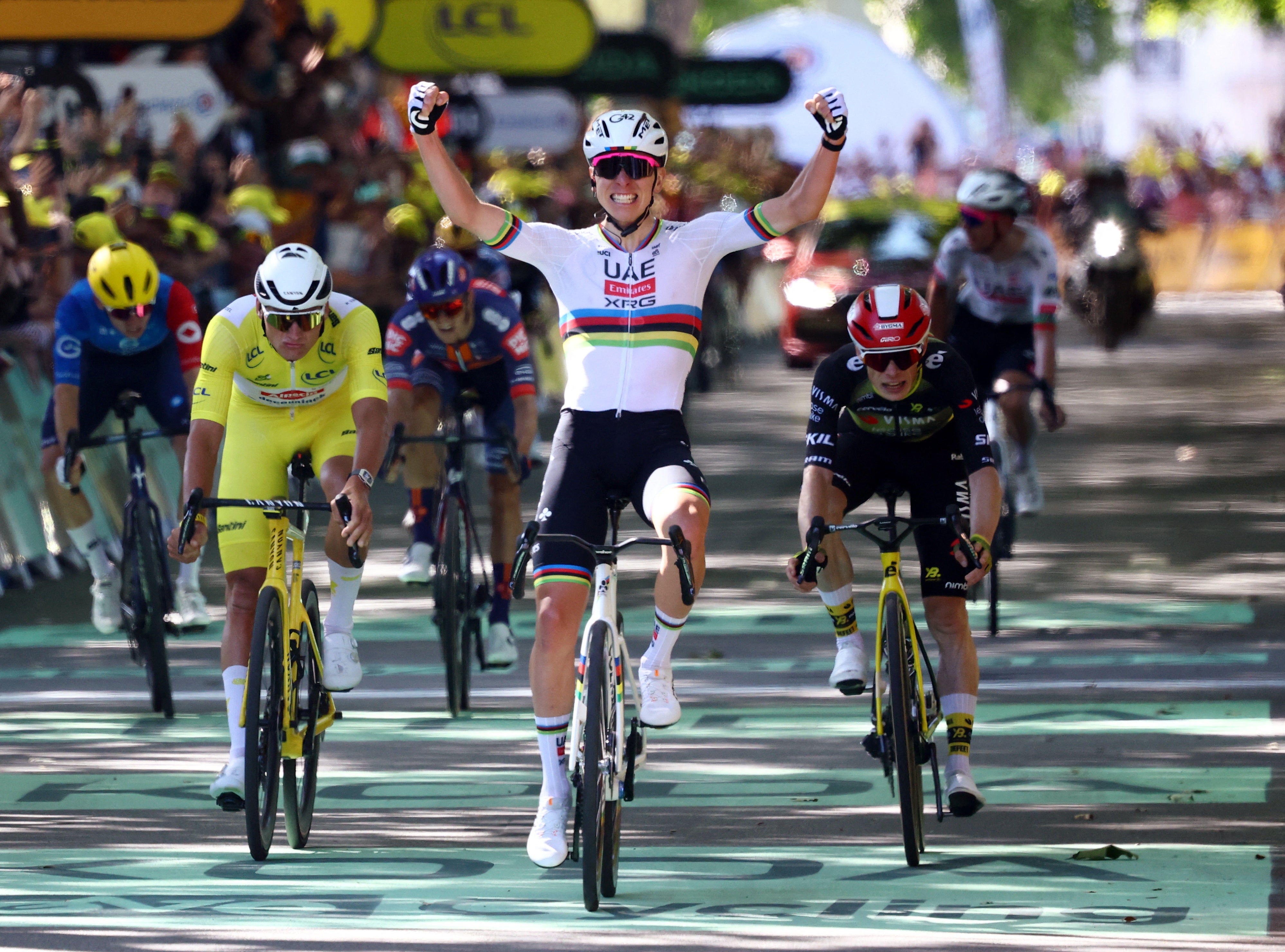Tadej Pogacar seals century of wins with thrilling sprint victory on stage four of the Tour de France