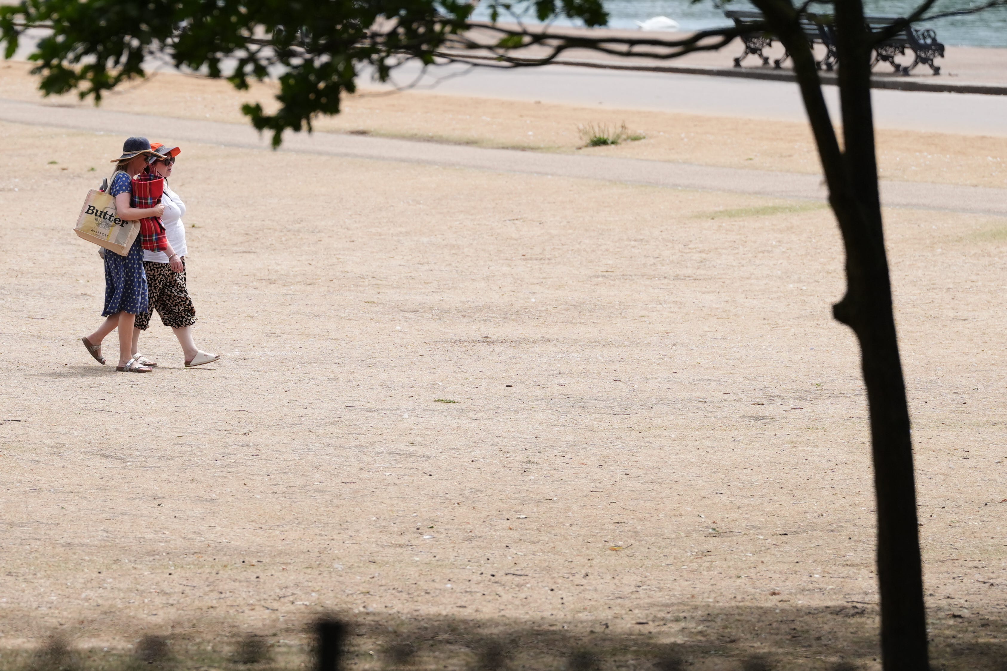 People walk across the parched grass in Hyde Park in London on July 1 2025, which was the hottest day of the year so far (Jonathan Brady/PA)