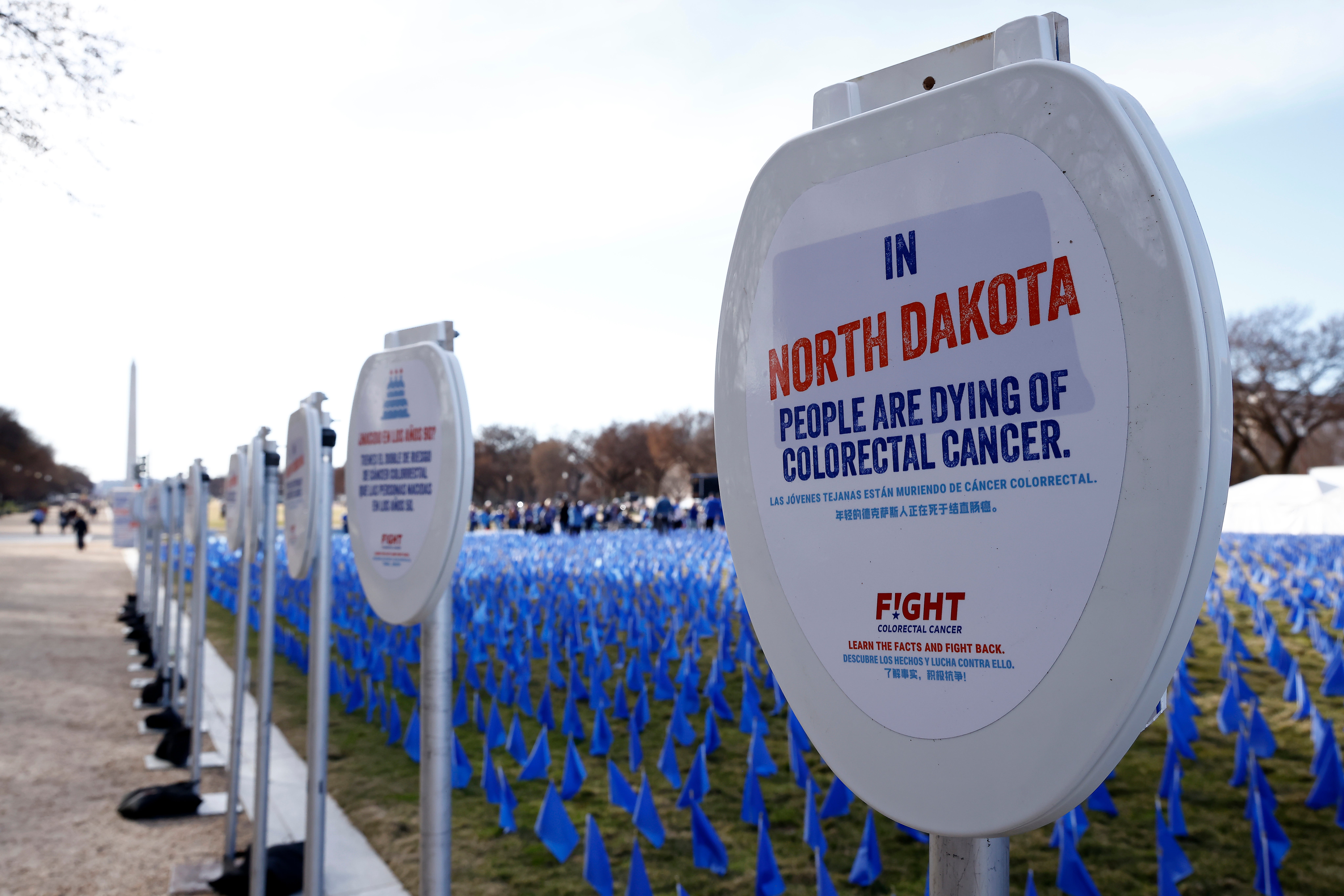An installation at the National Mall highlights the rise in young adult colorectal cancer. Researchers say early-onset rates of gastrointestinal cancer are rising in the U.S. and globally