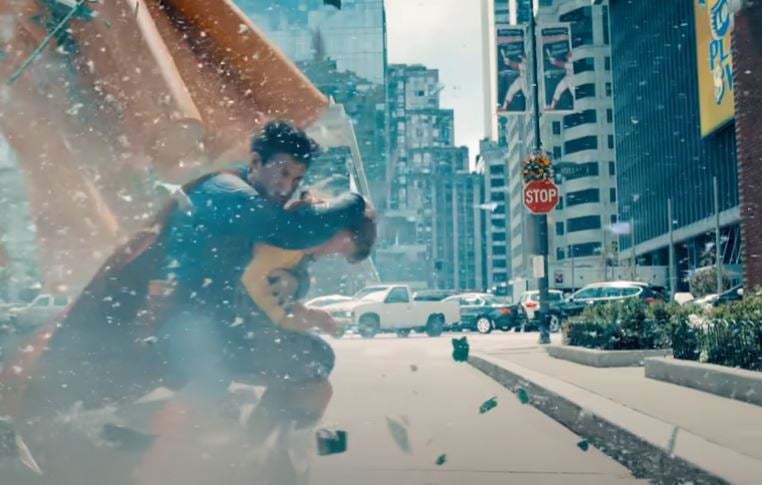 The Blue and Red Blur comes to the rescue in front of the Sherwin-Williams Headquarters