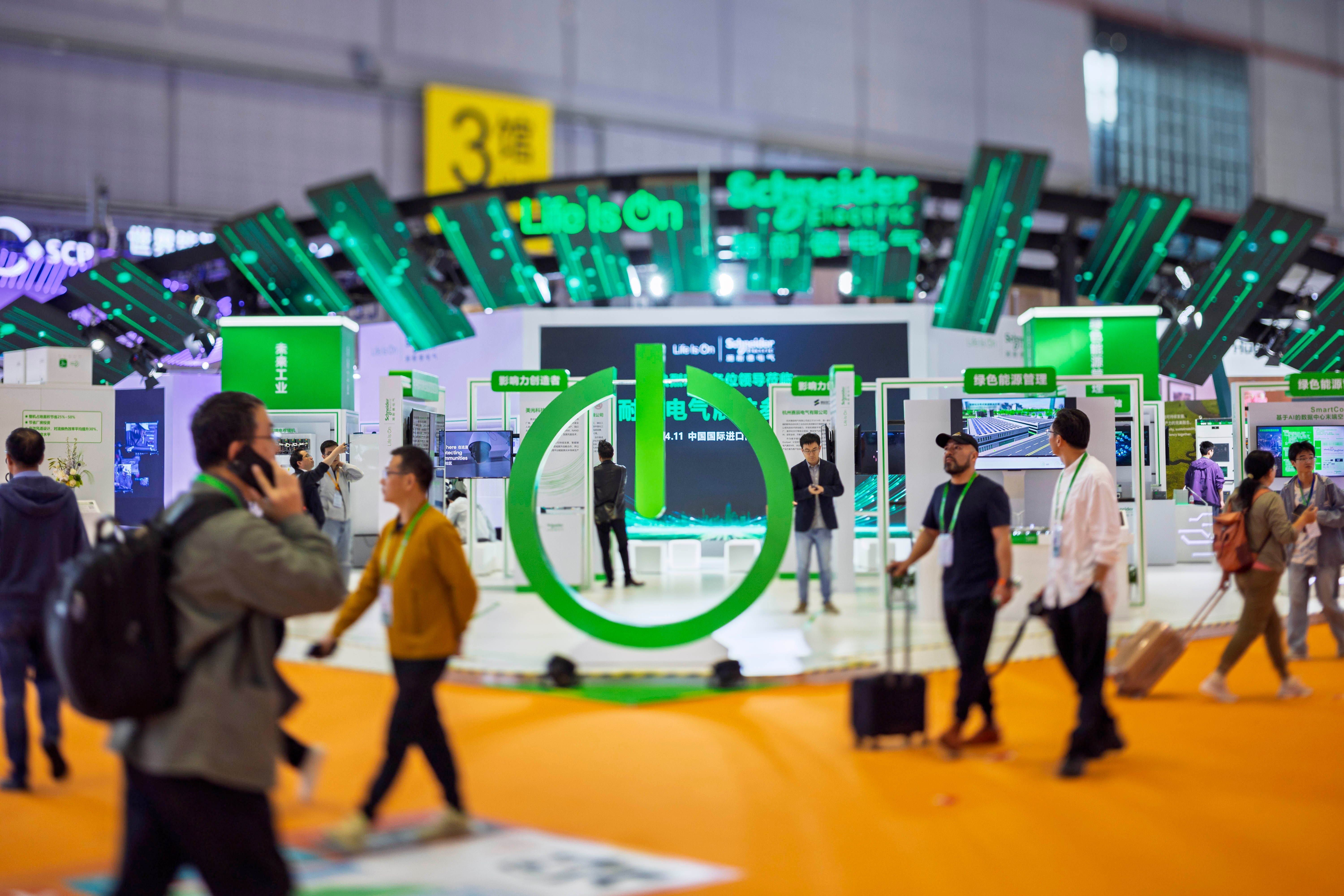 The booth of French industrial conglomerate Schneider Electric during the seventh China International Import Expo in Shanghai in November