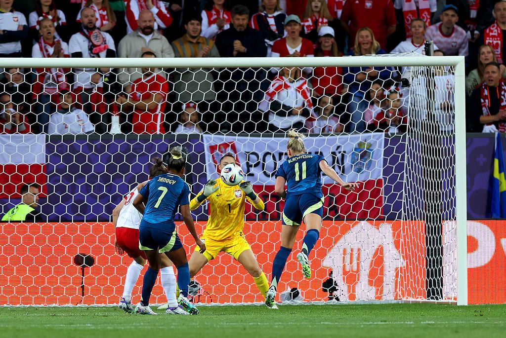 Stina Blackstenius of Sweden scores her team's first goal