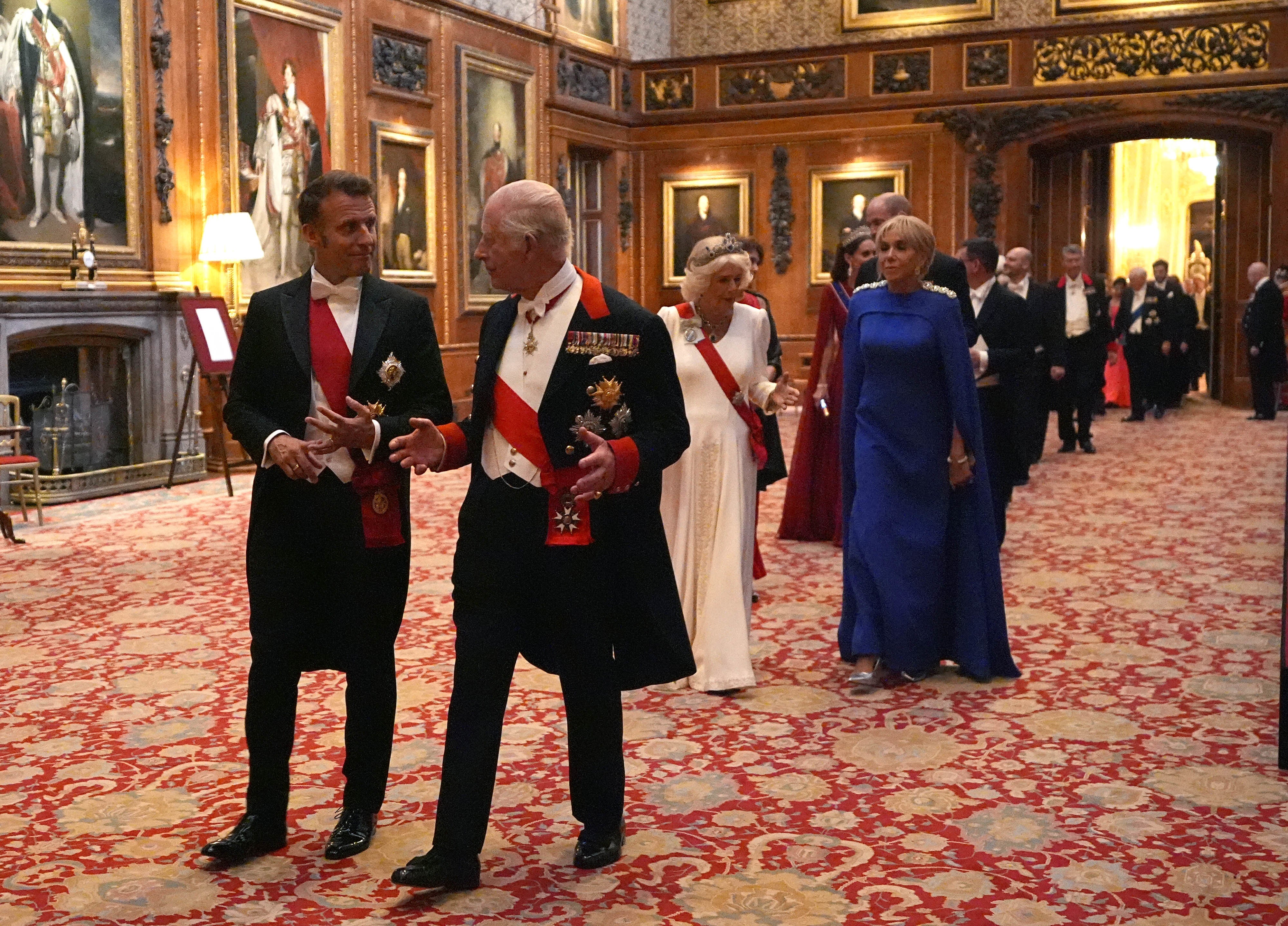 The King with France’s President Emmanuel Macron at the state banquet at Windsor Castle, Berkshire (Aaron Chown/PA)