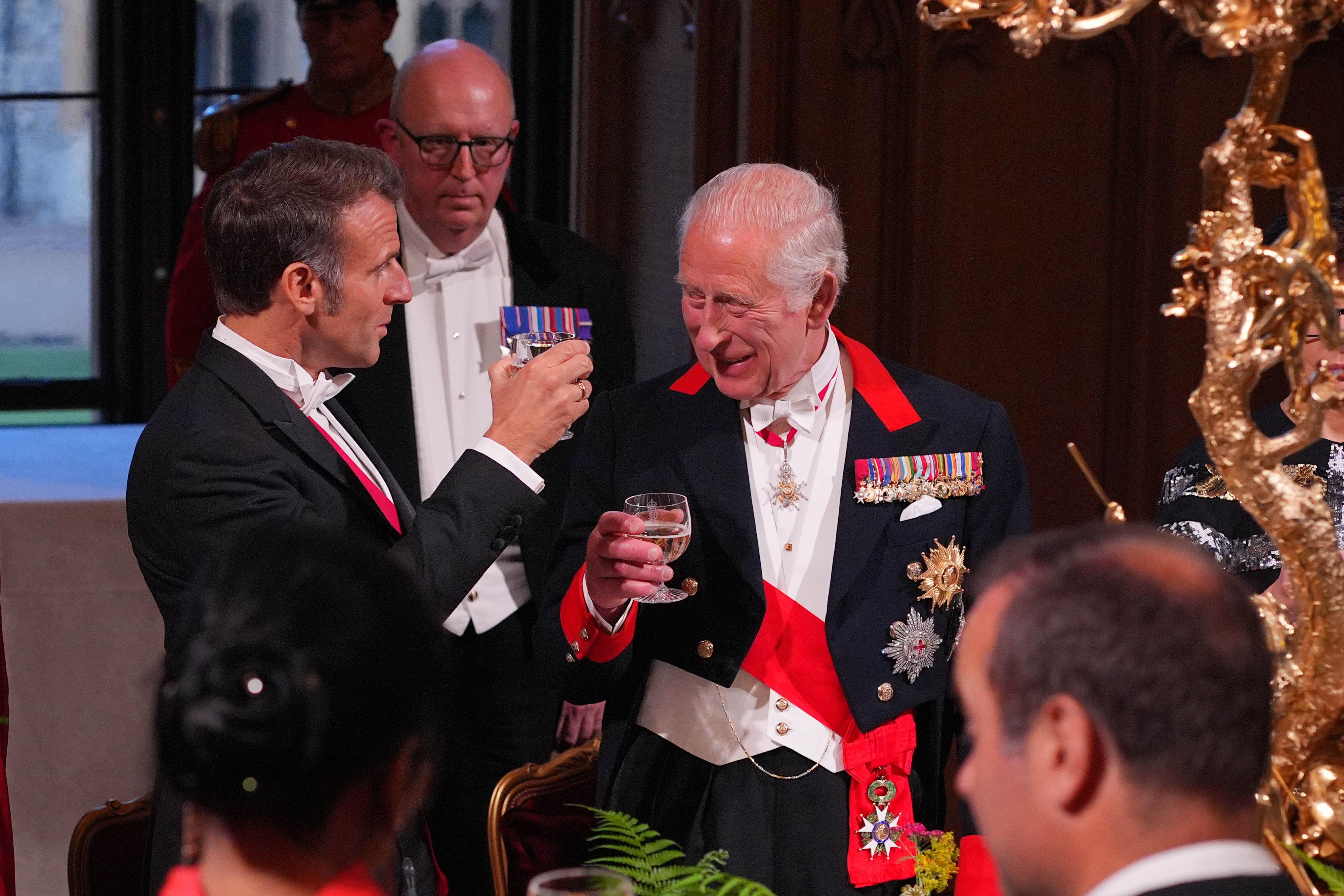 The King at the State Banquet for President of France Emmanuel Macron at Windsor Castle, Berkshire, on day one of the French president’s state visit to the UK (Yui Mok/PA)