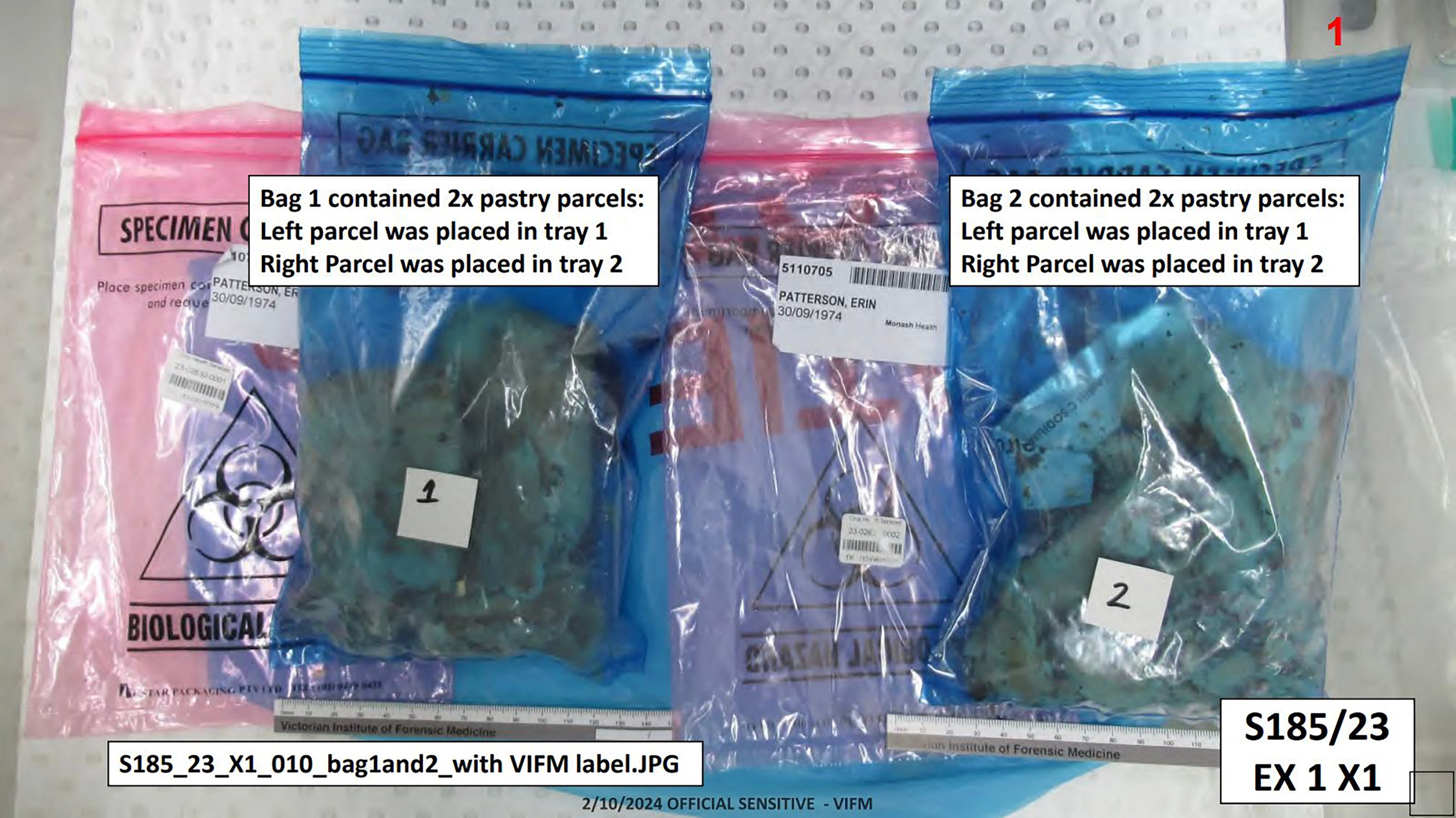 Specimen carrier bags containing samples of a beef wellington meal laced with toxic mushrooms that was prepared by Australian home cook Erin Patterson