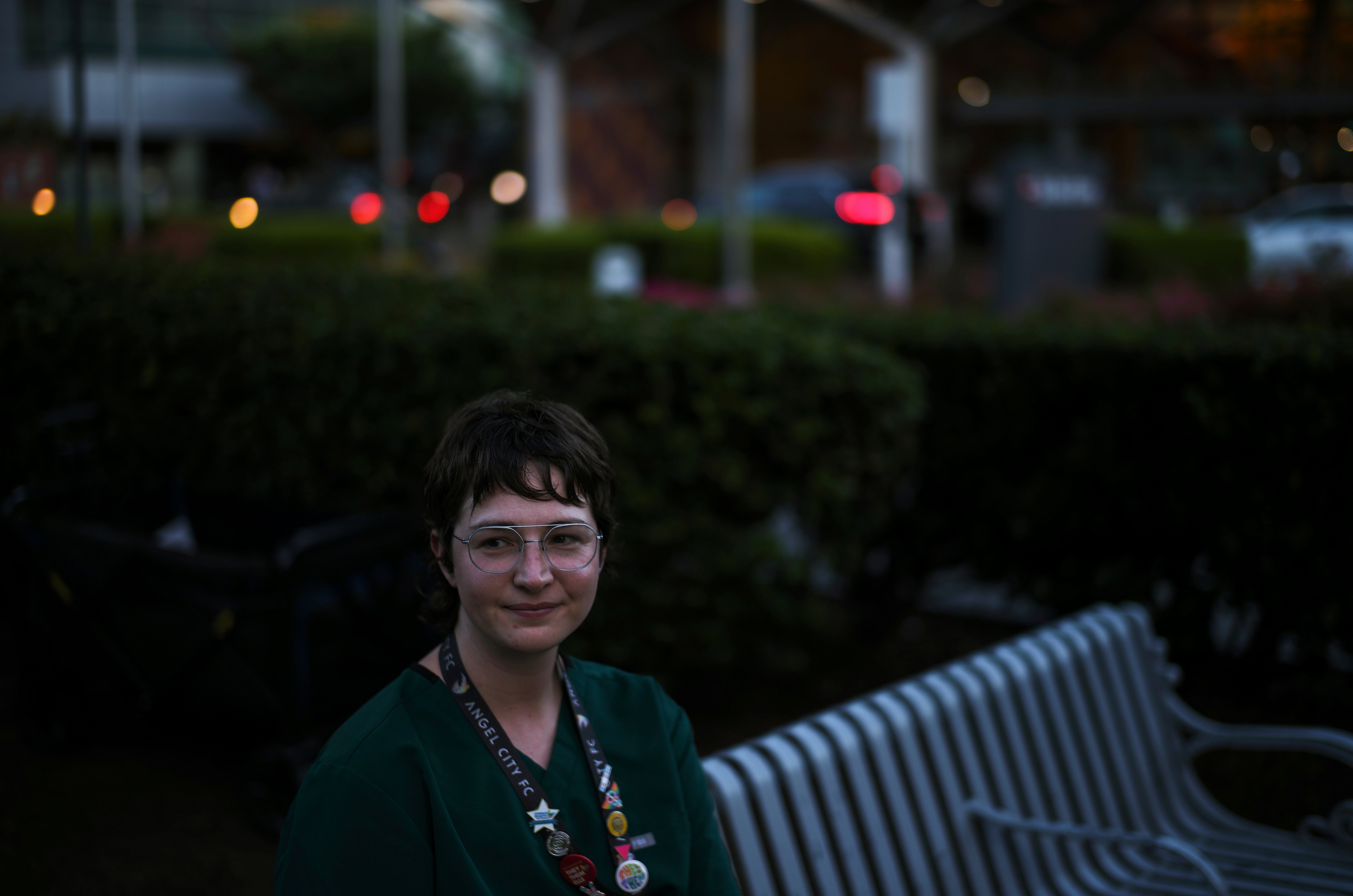 Jack Brenner, left, an emergency room nurse at Children's Hospital Los Angeles, pauses for photos during a protest against the closure of the hospital's trans youth clinic Thursday, July 3, 2025, in Los Angeles. (AP Photo/Jae C. Hong)